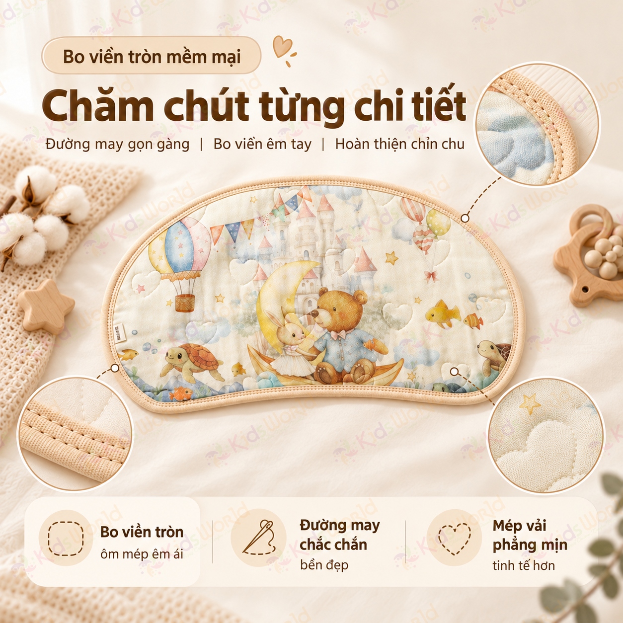 Gối lót đầu cho bé hình mây họa tiết cổ tích Cotton nguyên chất 6 lớp, thoáng khí và thấm hút mồ hôi kích thước 43x24cm