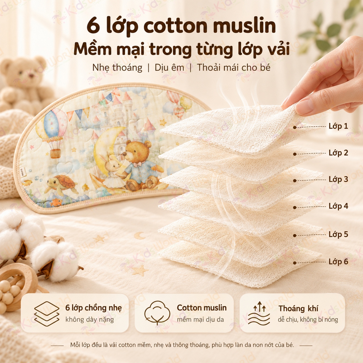 Gối lót đầu cho bé hình mây họa tiết cổ tích Cotton nguyên chất 6 lớp, thoáng khí và thấm hút mồ hôi kích thước 43x24cm
