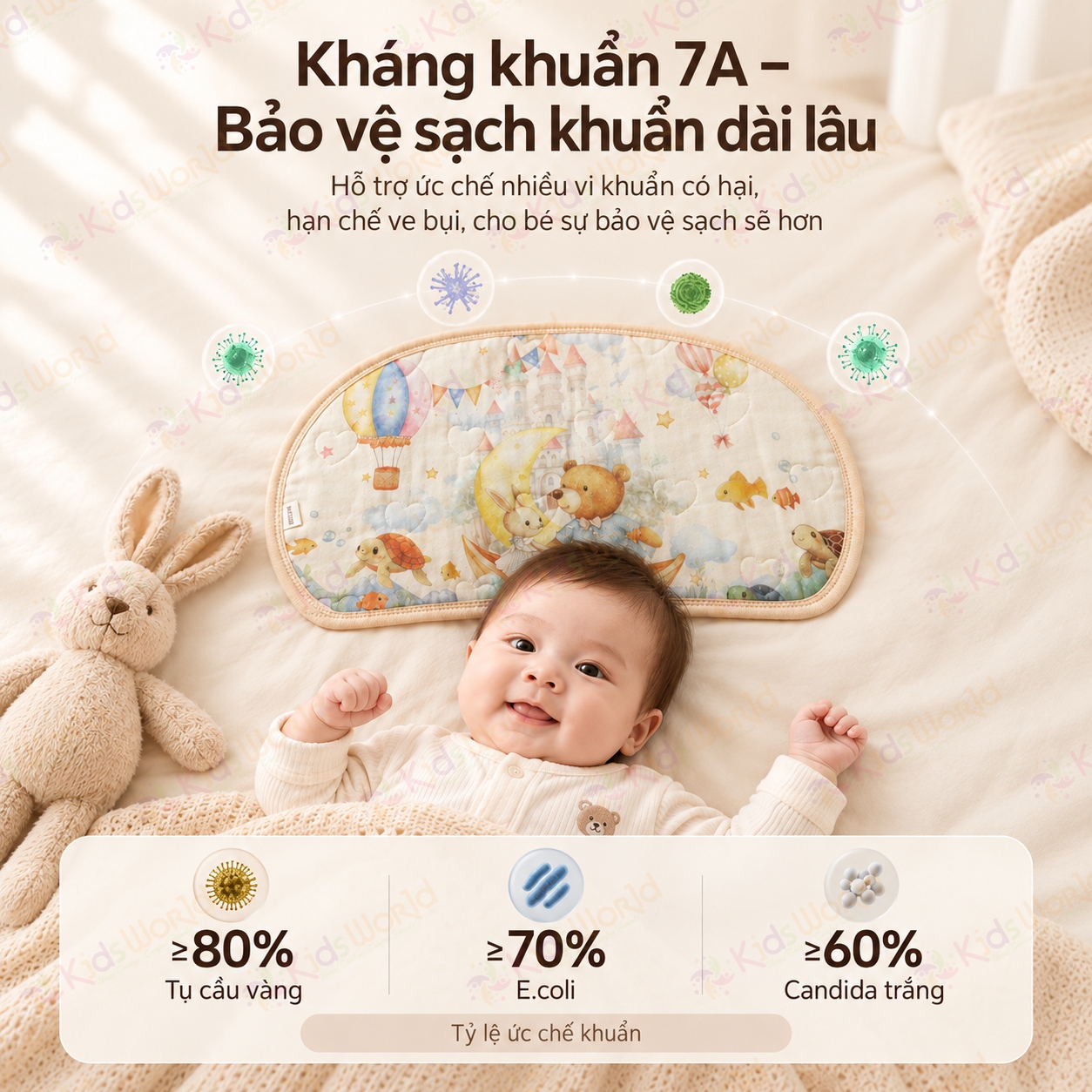 Gối lót đầu cho bé hình mây họa tiết cổ tích Cotton nguyên chất 6 lớp, thoáng khí và thấm hút mồ hôi kích thước 43x24cm