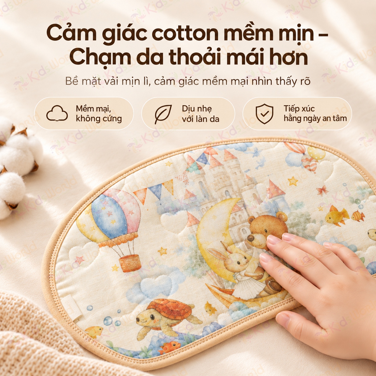 Gối lót đầu cho bé hình mây họa tiết cổ tích Cotton nguyên chất 6 lớp, thoáng khí và thấm hút mồ hôi kích thước 43x24cm