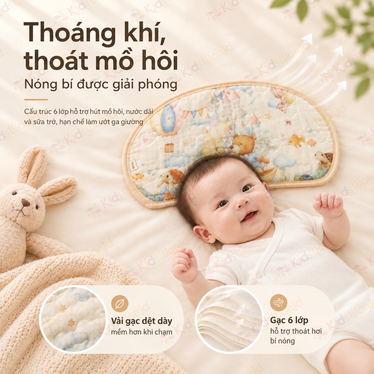 Gối lót đầu cho bé hình mây họa tiết cổ tích Cotton nguyên chất 6 lớp, thoáng khí và thấm hút mồ hôi kích thước 43x24cm