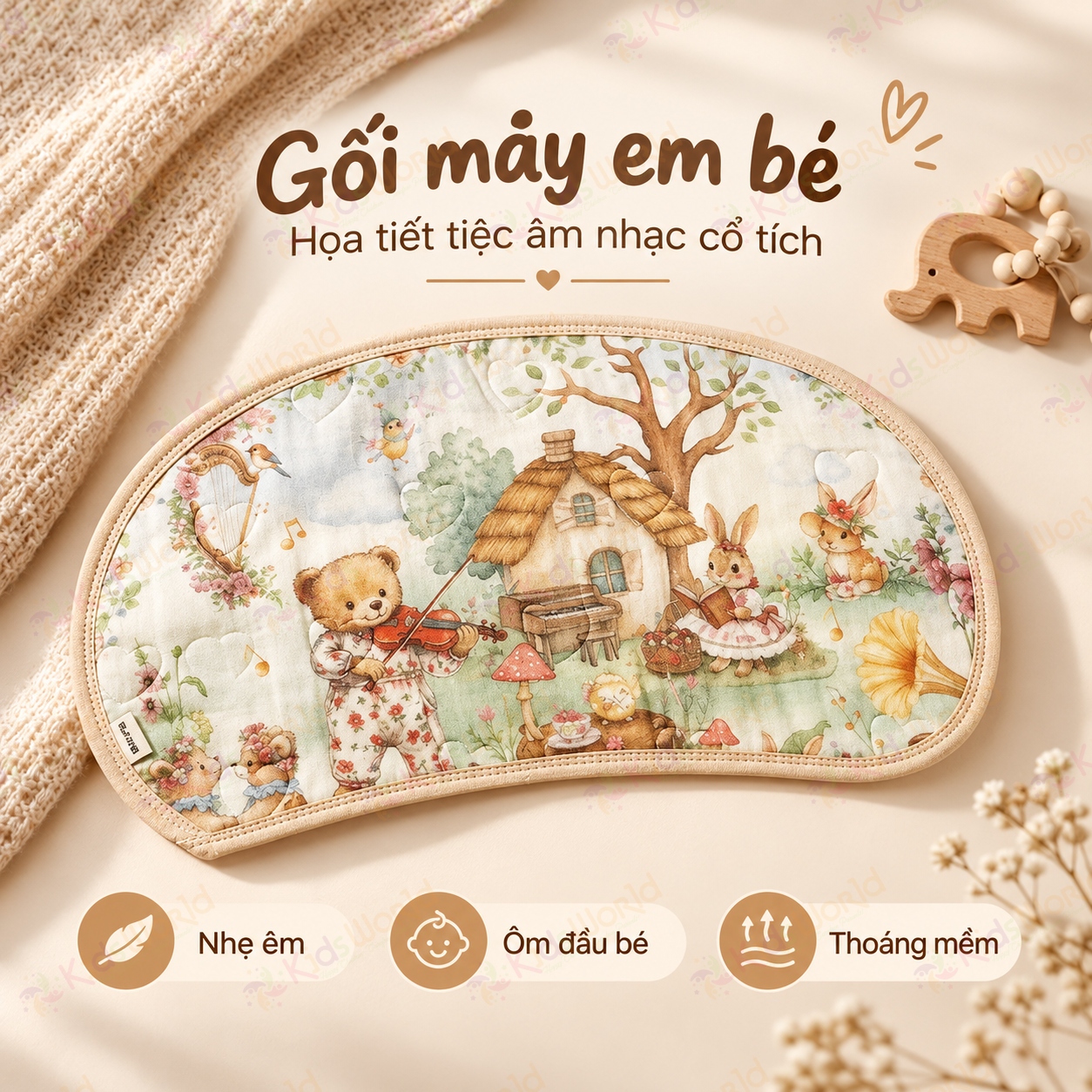 Gối lót đầu cho bé hình mây họa tiết cổ tích Cotton nguyên chất 6 lớp, thoáng khí và thấm hút mồ hôi kích thước 43x24cm
