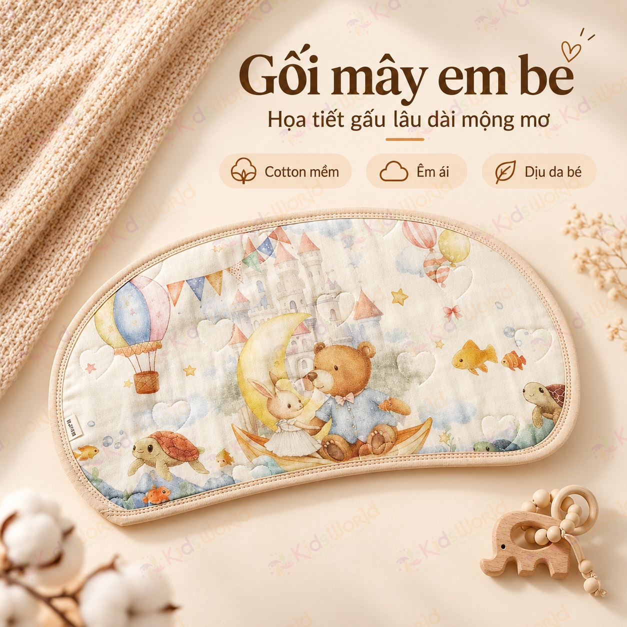 Gối lót đầu cho bé hình mây họa tiết cổ tích Cotton nguyên chất 6 lớp, thoáng khí và thấm hút mồ hôi kích thước 43x24cm