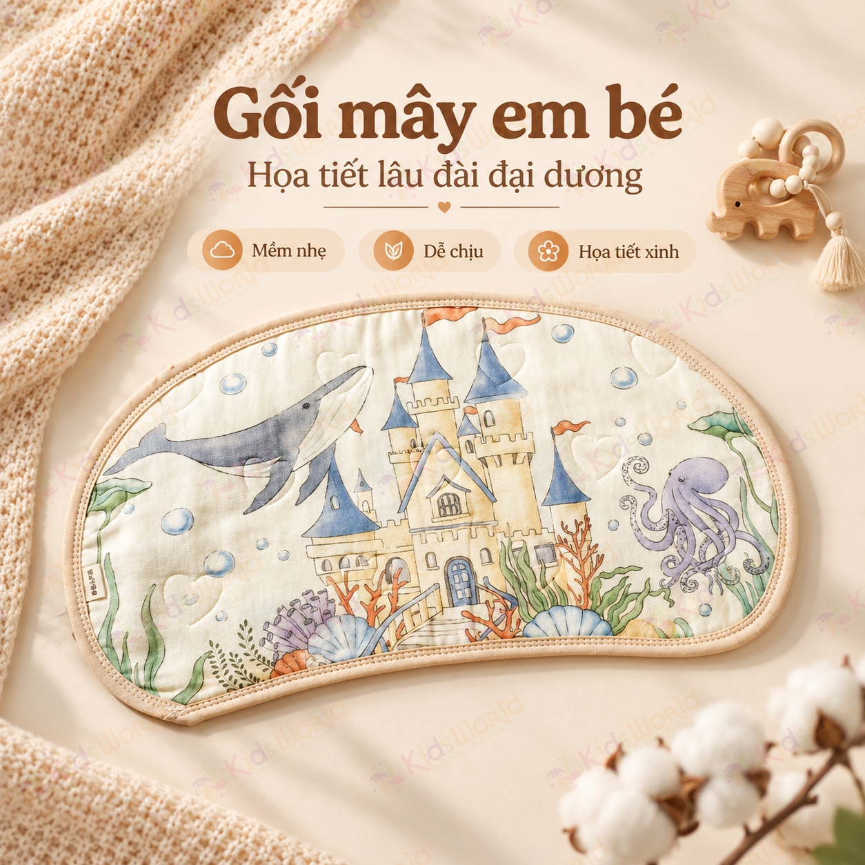 Gối lót đầu cho bé hình mây họa tiết cổ tích Cotton nguyên chất 6 lớp, thoáng khí và thấm hút mồ hôi kích thước 43x24cm