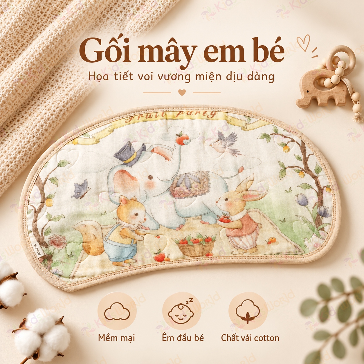 Gối lót đầu cho bé hình mây họa tiết cổ tích Cotton nguyên chất 6 lớp, thoáng khí và thấm hút mồ hôi kích thước 43x24cm