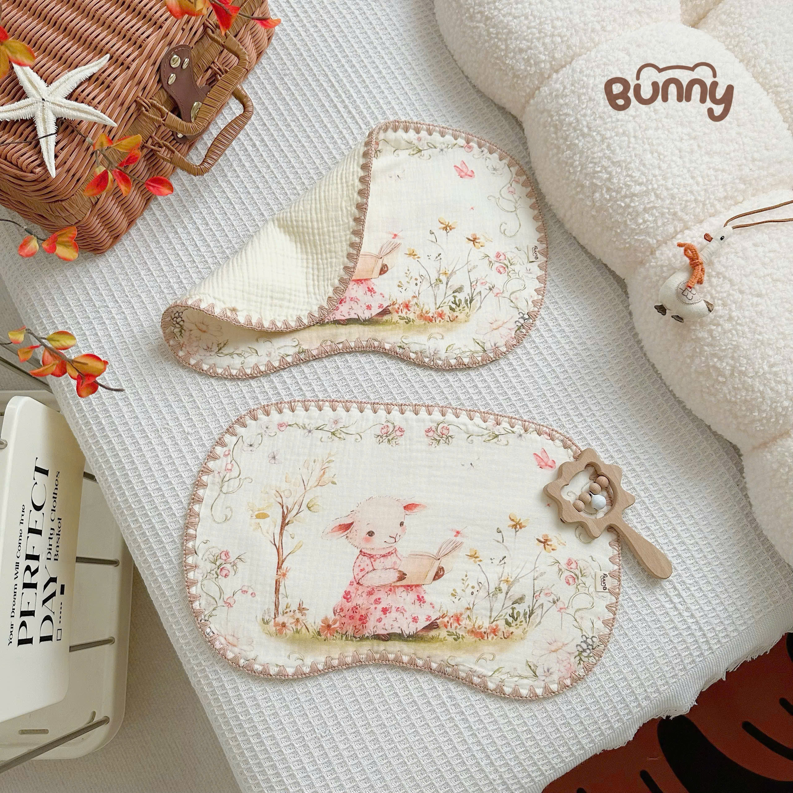Gối lót đầu họa tiết cổ tích Bunny vải muslin cao cấp, thấm hút tốt, không gây bí đầu mềm mại thoáng mát êm ái cho bé yêu