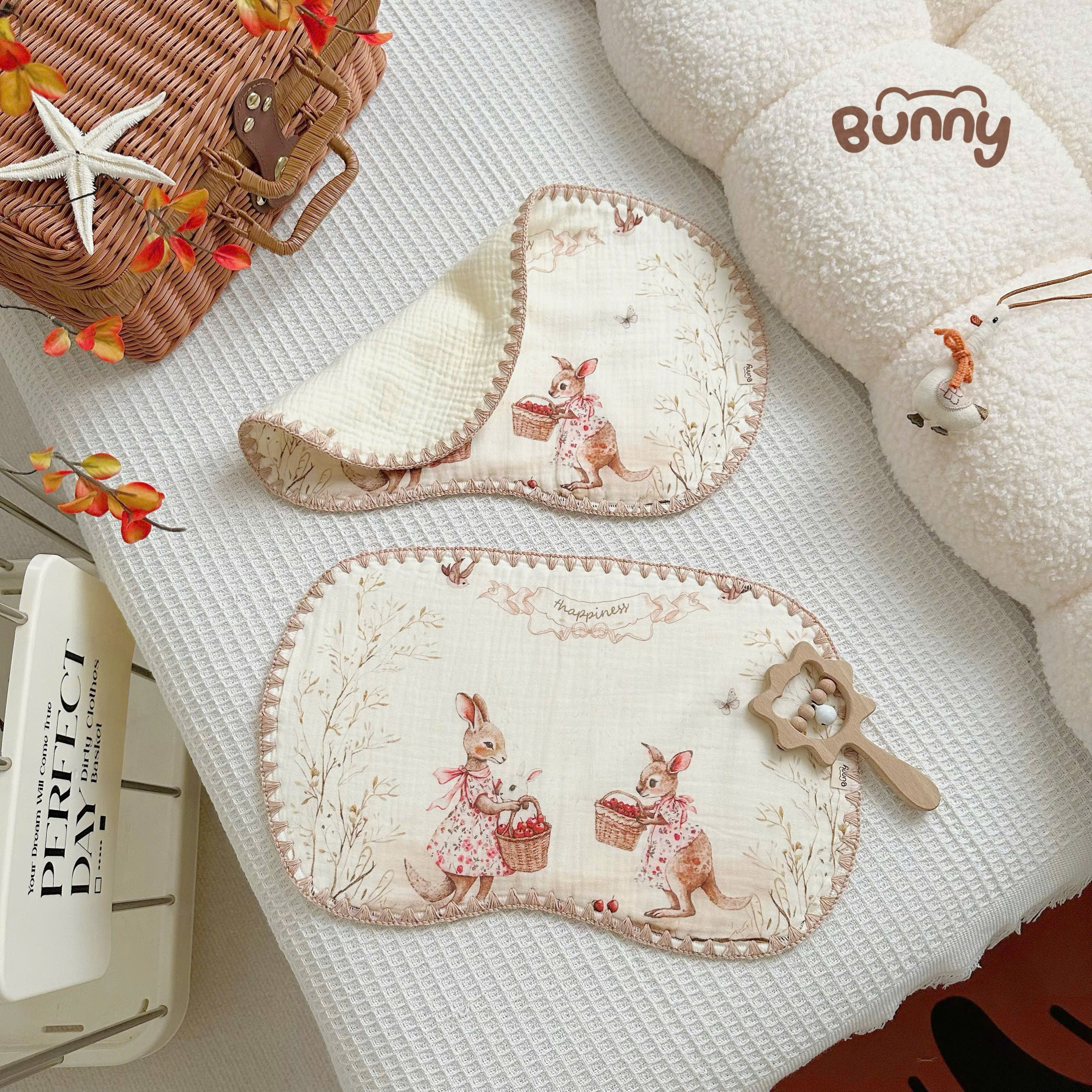 Gối lót đầu họa tiết cổ tích Bunny vải muslin cao cấp, thấm hút tốt, không gây bí đầu mềm mại thoáng mát êm ái cho bé yêu