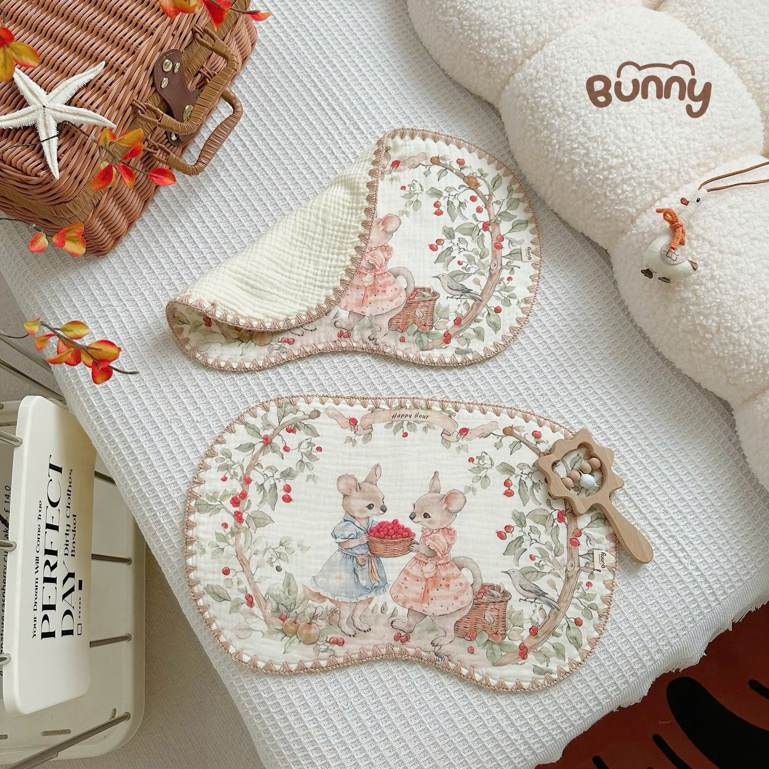 Gối lót đầu họa tiết cổ tích Bunny vải muslin cao cấp, thấm hút tốt, không gây bí đầu mềm mại thoáng mát êm ái cho bé yêu