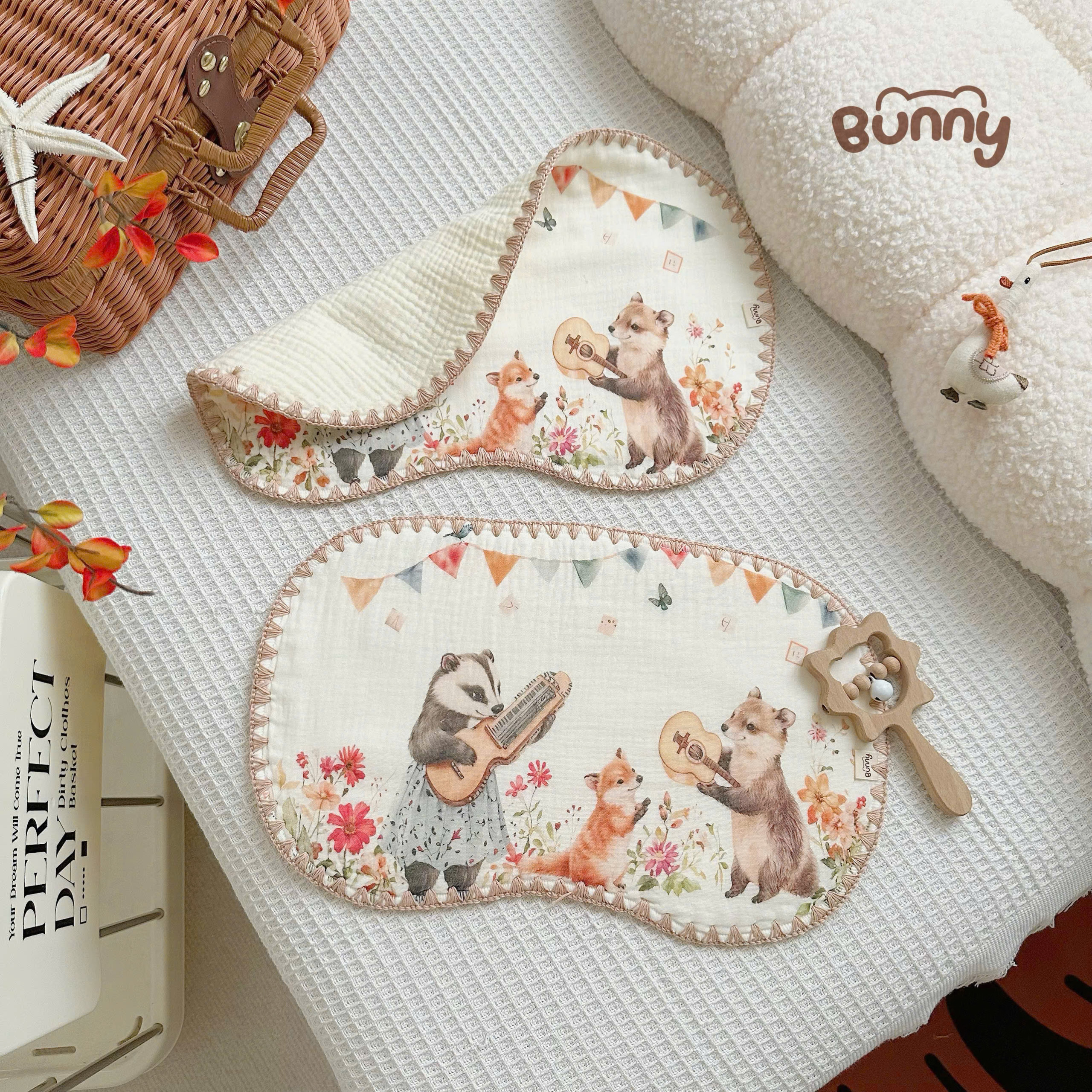 Gối lót đầu họa tiết cổ tích Bunny vải muslin cao cấp, thấm hút tốt, không gây bí đầu mềm mại thoáng mát êm ái cho bé yêu