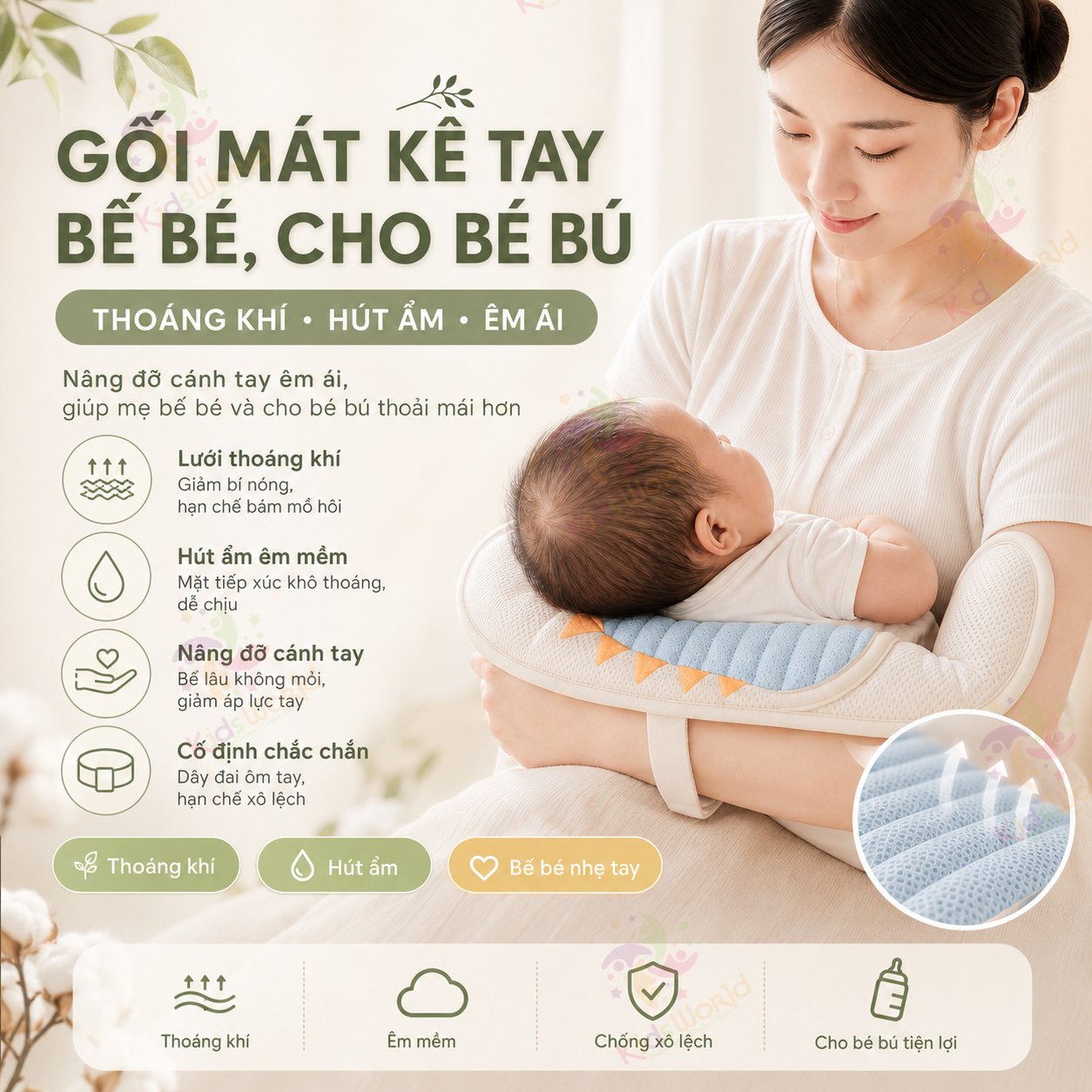 Gối mát kê tay bế bé, cho bé bú đa năng chống mồ hôi, thoáng khí, an toàn cho trẻ sơ sinh (0-6 tháng)