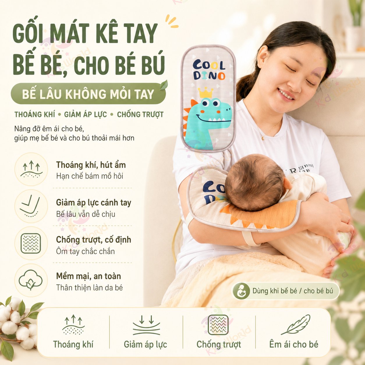 Gối mát kê tay bế bé, cho bé bú đa năng chống mồ hôi, thoáng khí, an toàn cho trẻ sơ sinh (0-6 tháng)