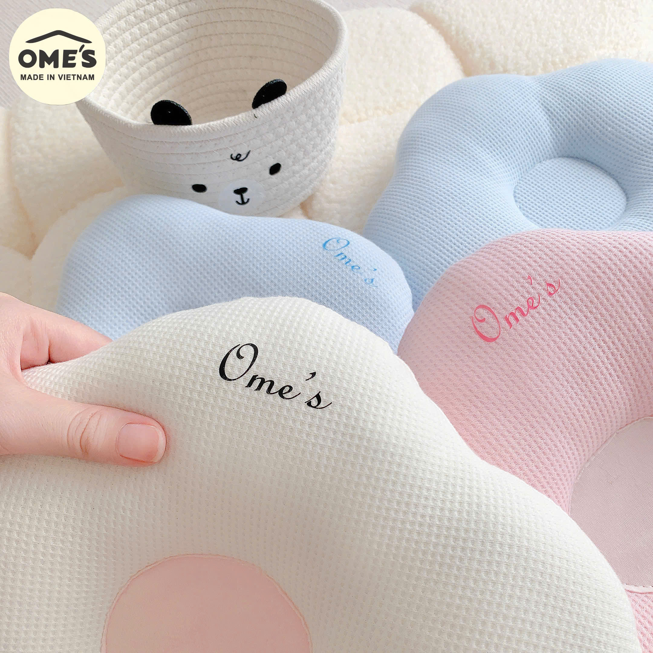 Gối mỏng định hình đầu giảm méo, bẹp đầu cho bé hình hoa OME'S vải Cotton Waffle cao cấp thấm mồ hôi