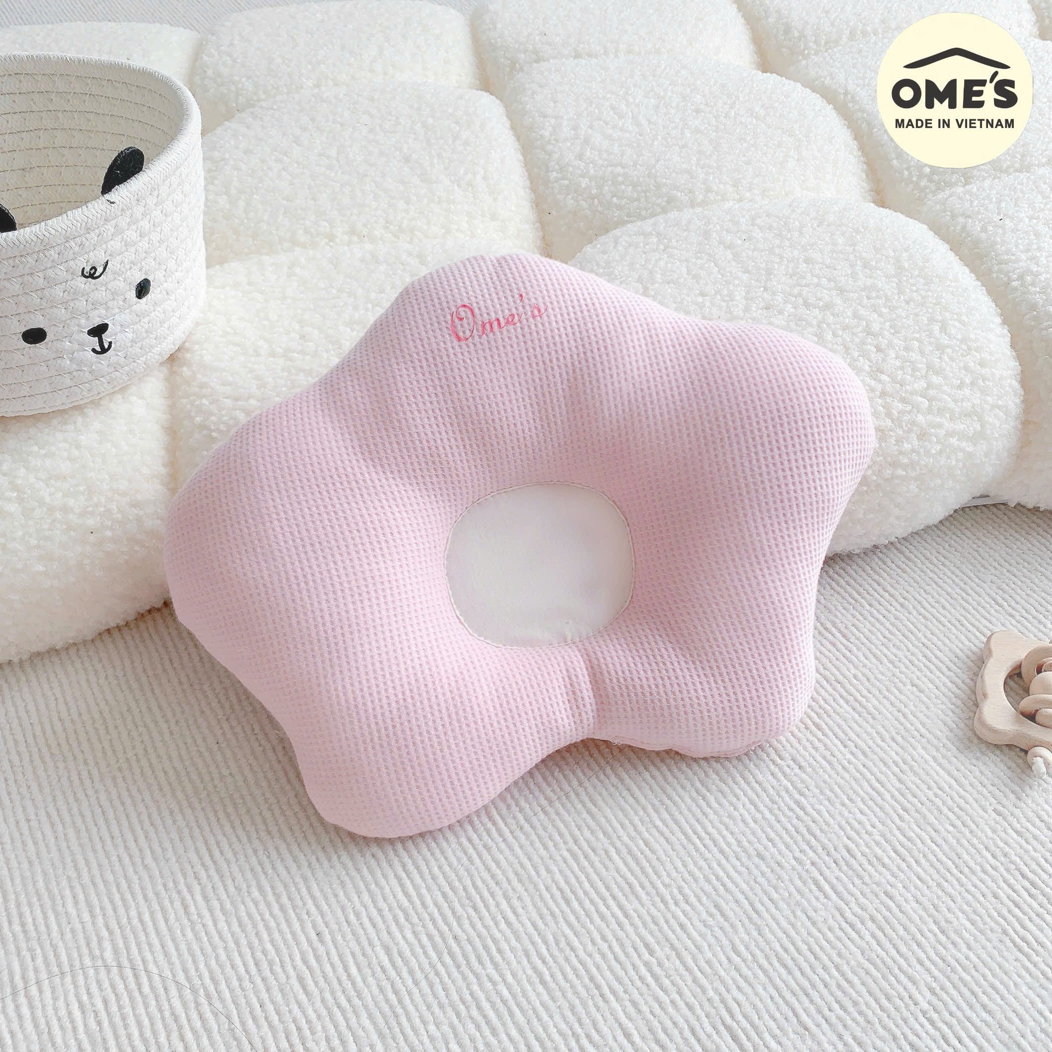 Gối mỏng định hình đầu giảm méo, bẹp đầu cho bé hình hoa OME'S vải Cotton Waffle cao cấp thấm mồ hôi