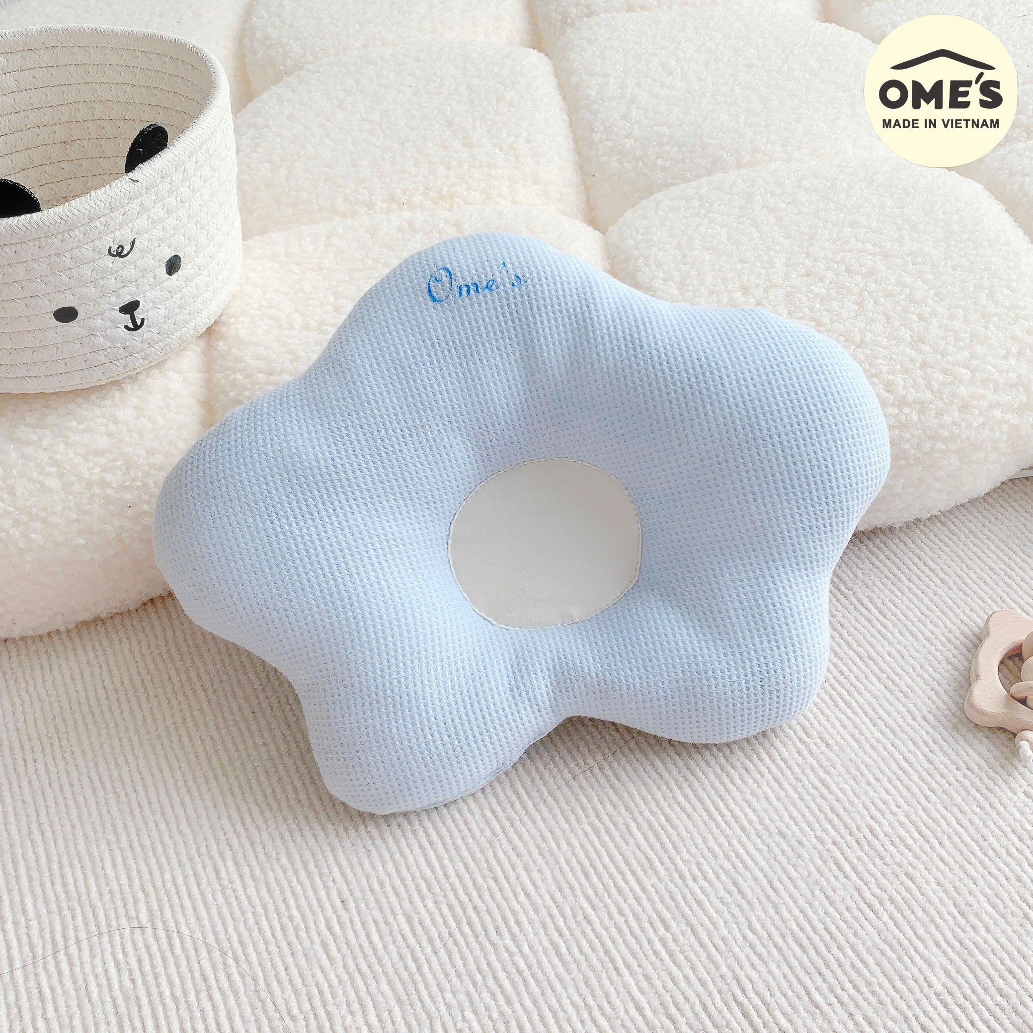 Gối mỏng định hình đầu giảm méo, bẹp đầu cho bé hình hoa OME'S vải Cotton Waffle cao cấp thấm mồ hôi