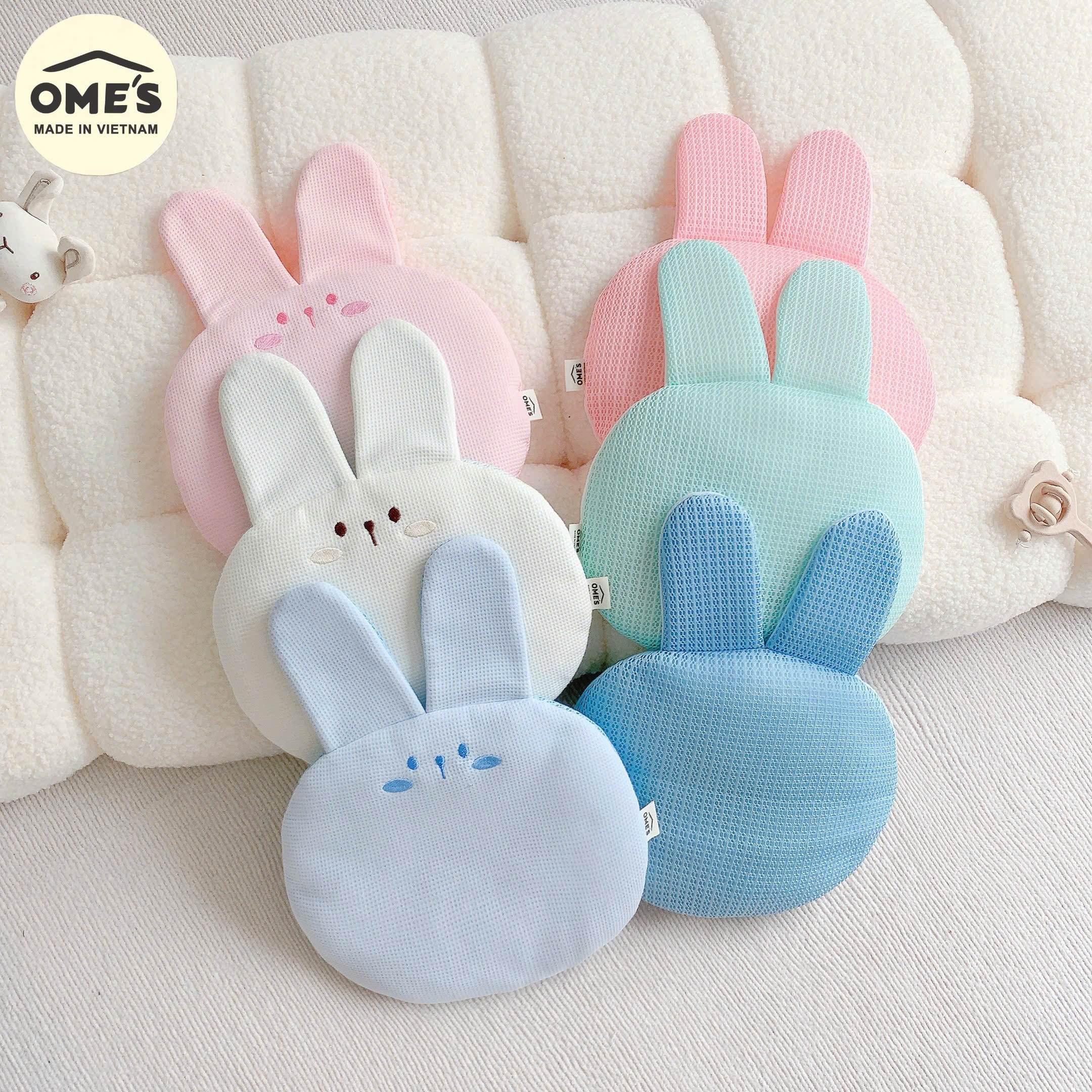 Gối mỏng cho bé sơ sinh hình thỏ dễ thương OME'S vải Cotton Waffle bông Organic êm mềm thoáng khí