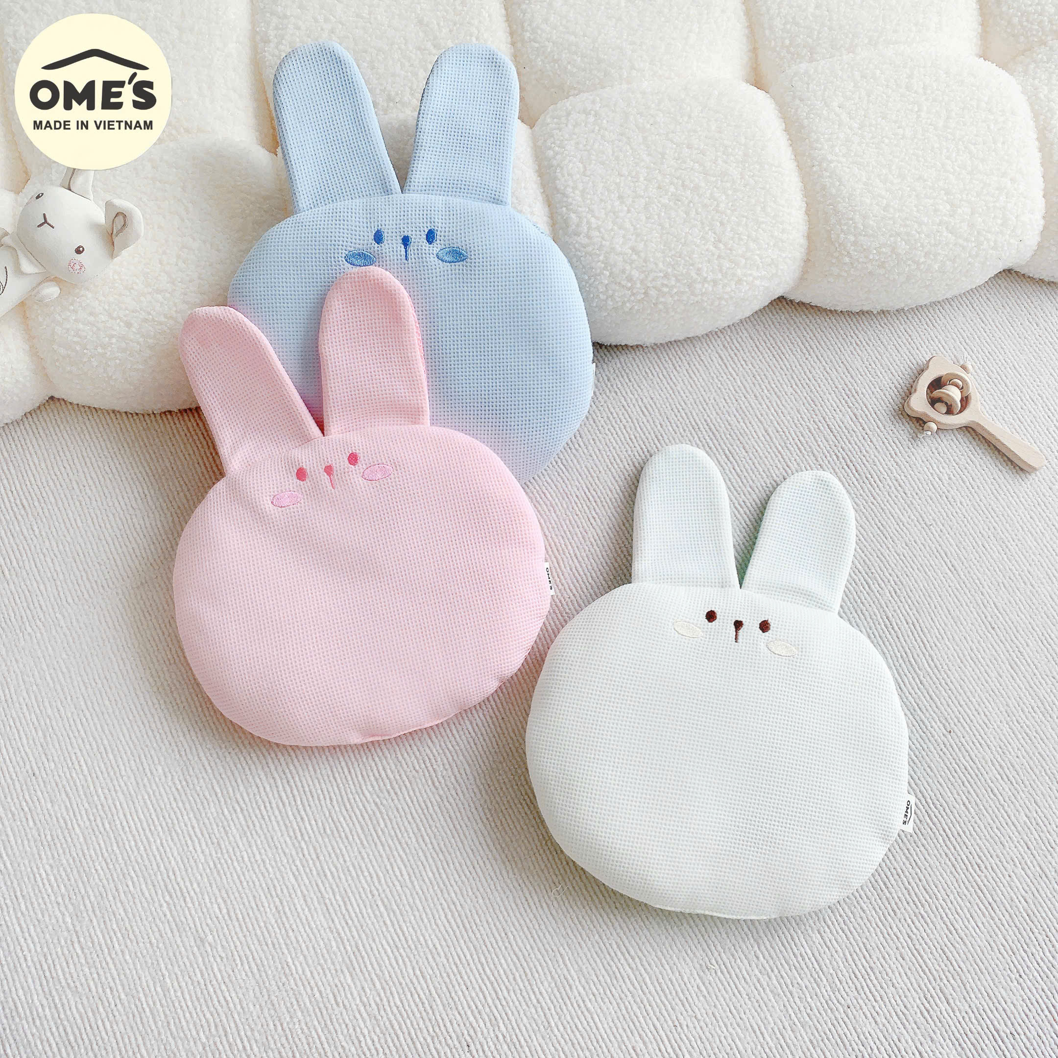 Gối mỏng cho bé sơ sinh hình thỏ dễ thương OME'S vải Cotton Waffle bông Organic êm mềm thoáng khí