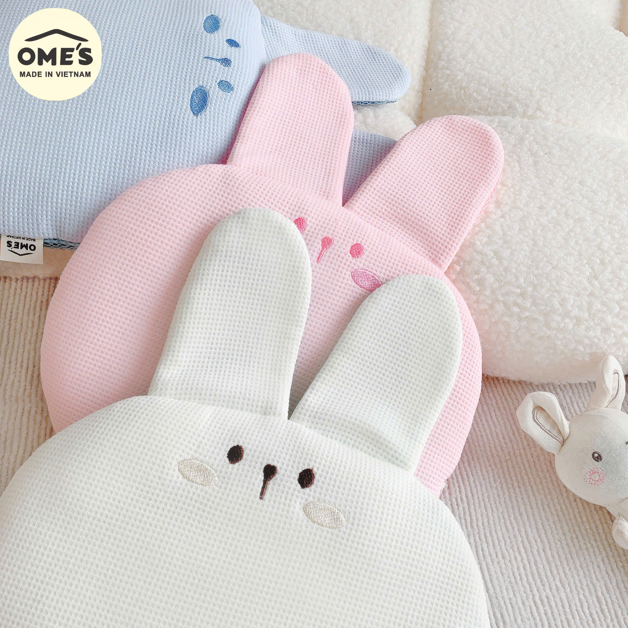 Gối mỏng cho bé sơ sinh hình thỏ dễ thương OME'S vải Cotton Waffle bông Organic êm mềm thoáng khí