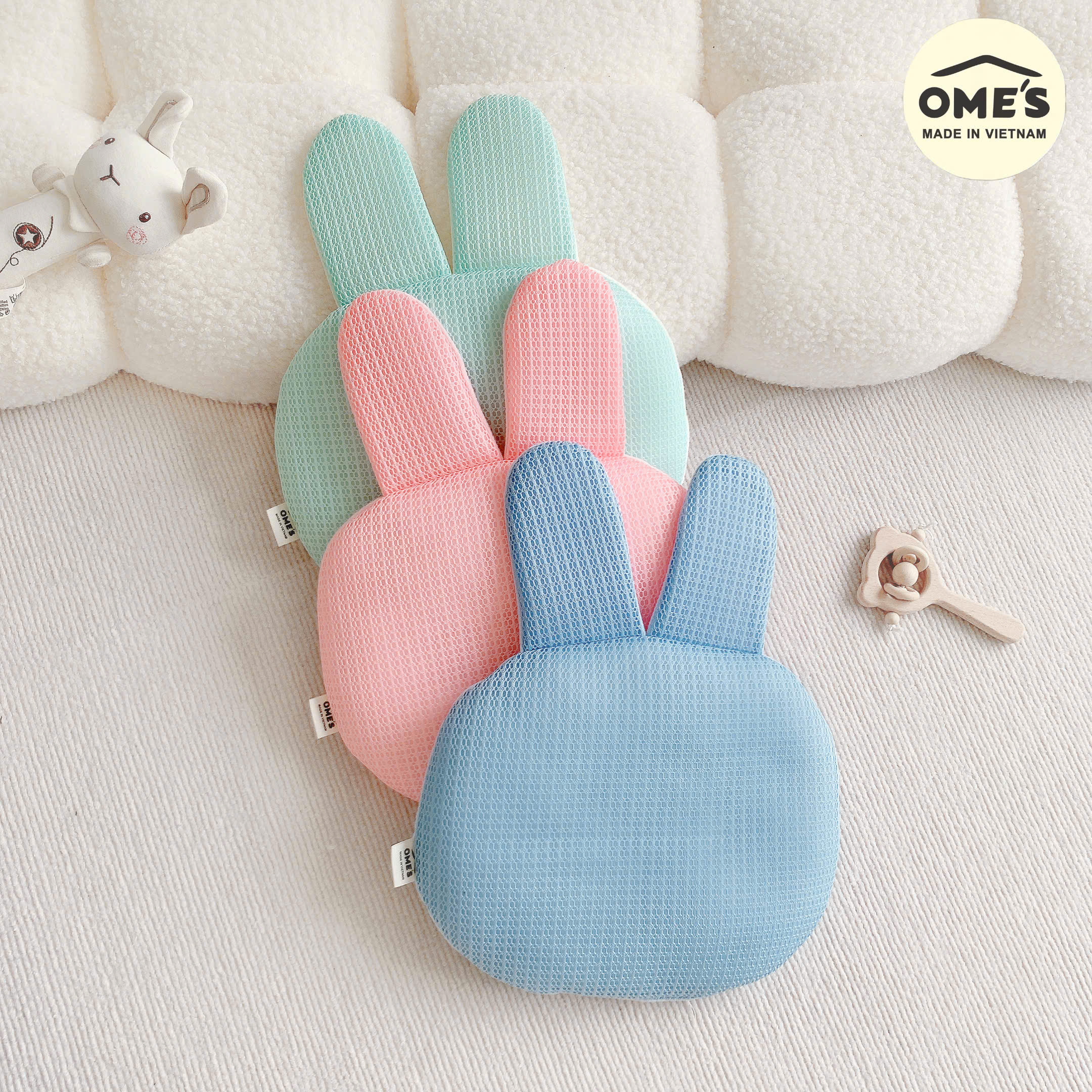 Gối mỏng cho bé sơ sinh hình thỏ dễ thương OME'S vải Cotton Waffle bông Organic êm mềm thoáng khí