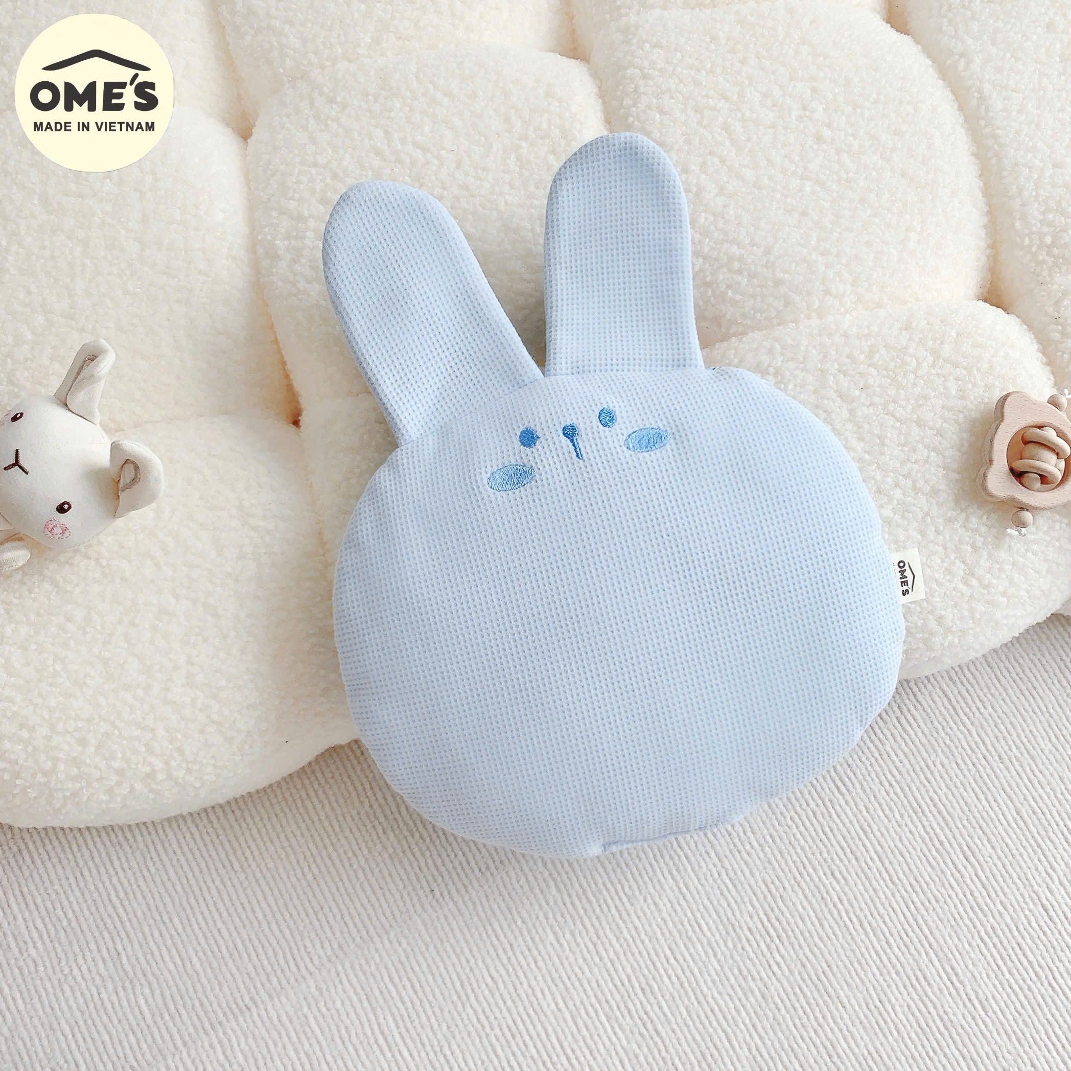 Gối mỏng cho bé sơ sinh hình thỏ dễ thương OME'S vải Cotton Waffle bông Organic êm mềm thoáng khí