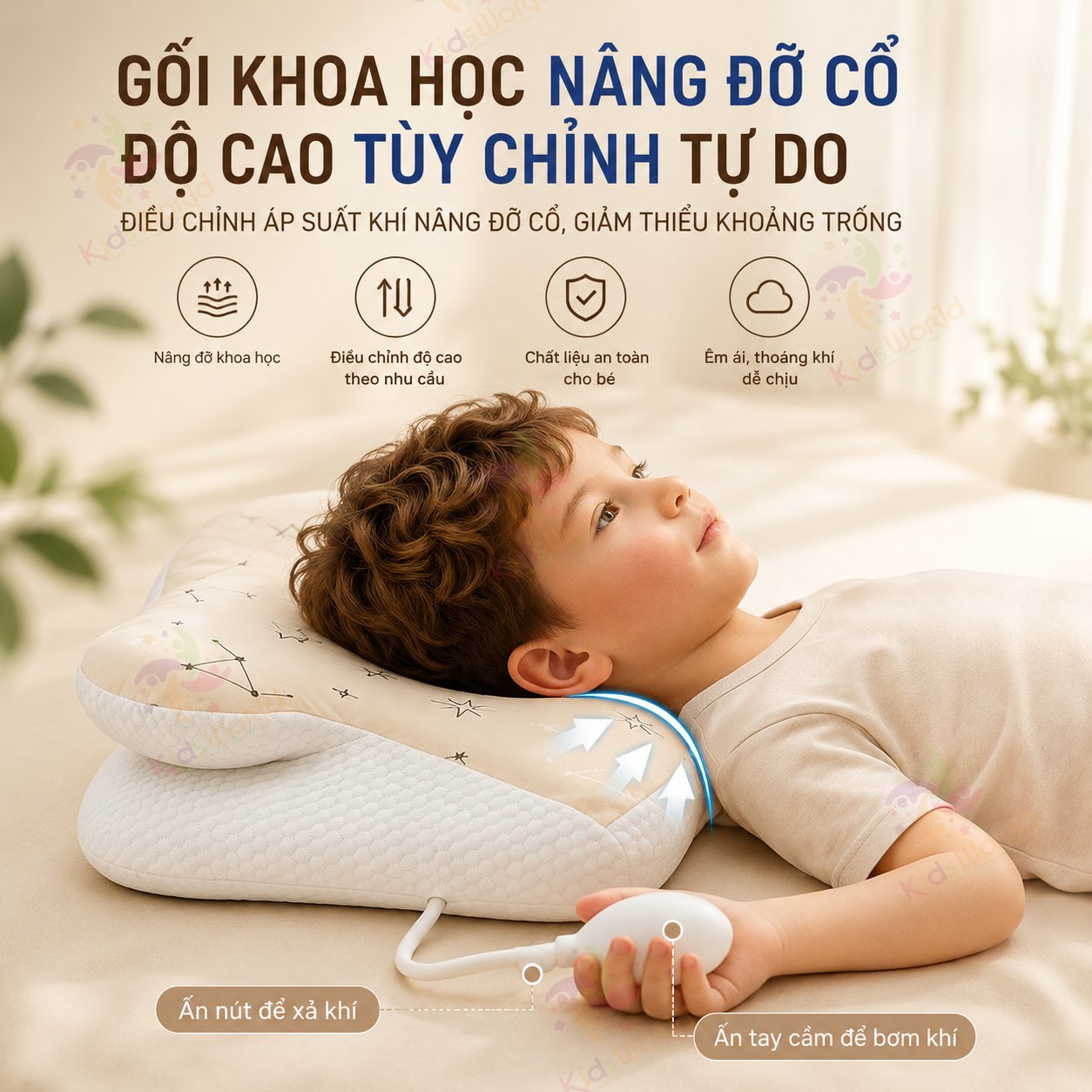 Gối trẻ em thông minh Baby Watch điều chỉnh bằng khí nén theo sự phát triển của bé, gối nâng đỡ cổ vai gáy cho bé, vỏ thoáng khí dễ giặt