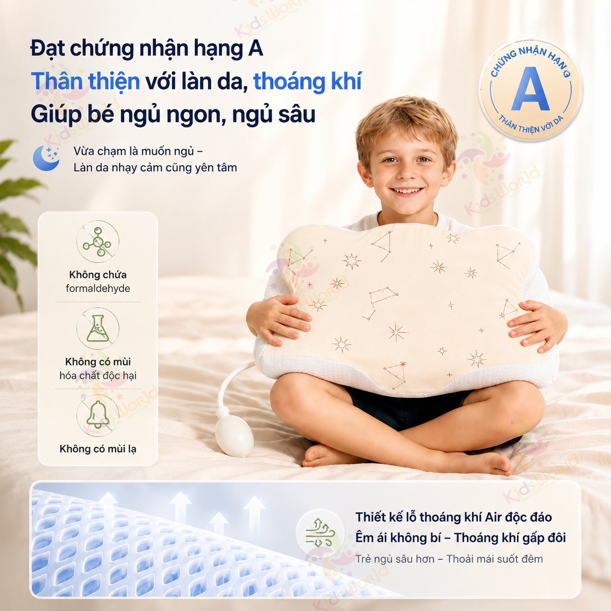 Gối trẻ em thông minh Baby Watch điều chỉnh bằng khí nén theo sự phát triển của bé, gối nâng đỡ cổ vai gáy cho bé, vỏ thoáng khí dễ giặt