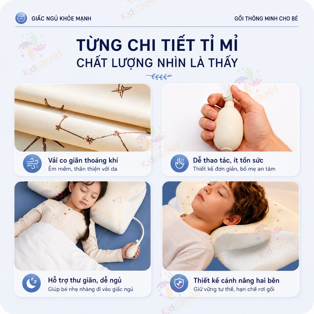 Gối trẻ em thông minh Baby Watch điều chỉnh bằng khí nén theo sự phát triển của bé, gối nâng đỡ cổ vai gáy cho bé, vỏ thoáng khí dễ giặt