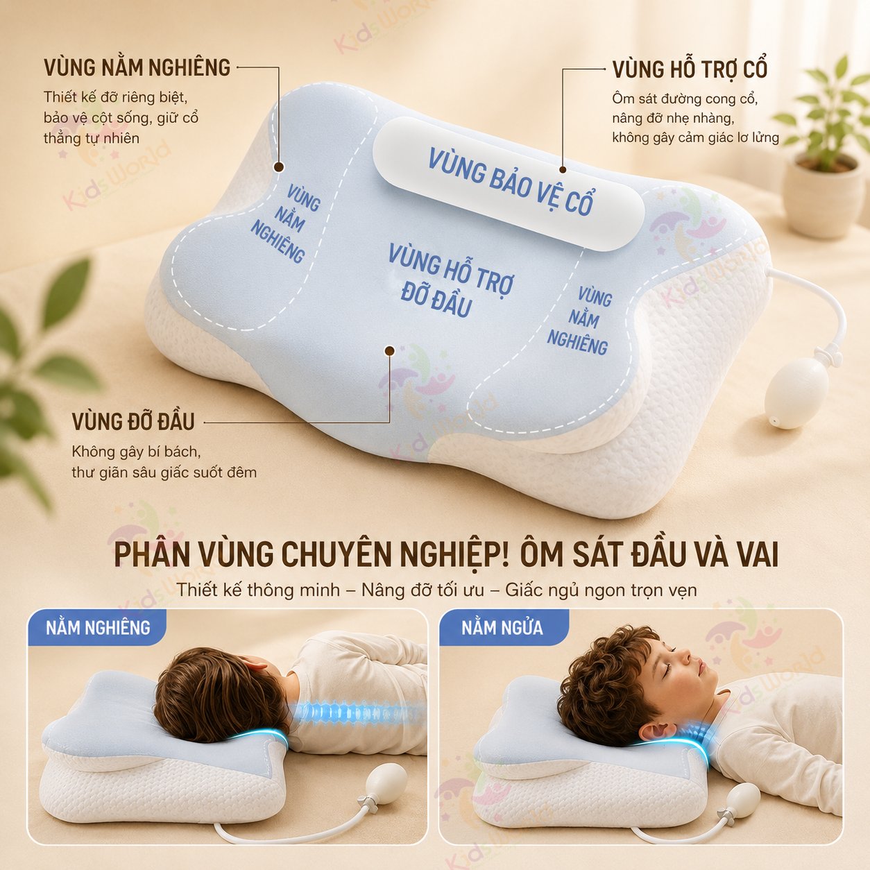 Gối trẻ em thông minh Baby Watch điều chỉnh bằng khí nén theo sự phát triển của bé, gối nâng đỡ cổ vai gáy cho bé, vỏ thoáng khí dễ giặt