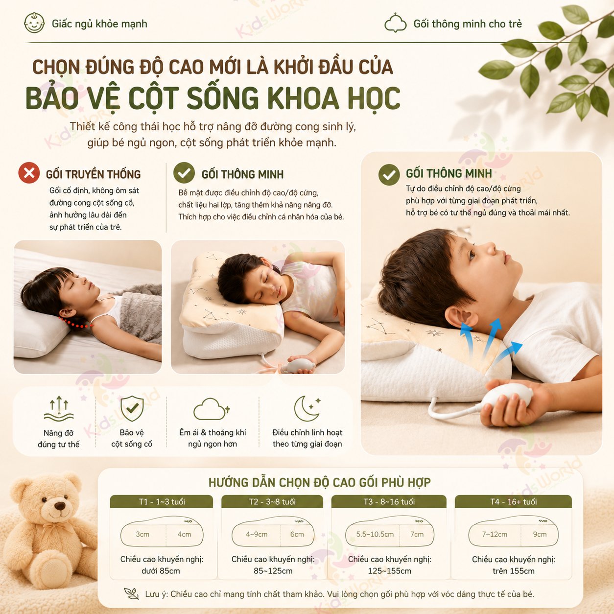 Gối trẻ em thông minh Baby Watch điều chỉnh bằng khí nén theo sự phát triển của bé, gối nâng đỡ cổ vai gáy cho bé, vỏ thoáng khí dễ giặt