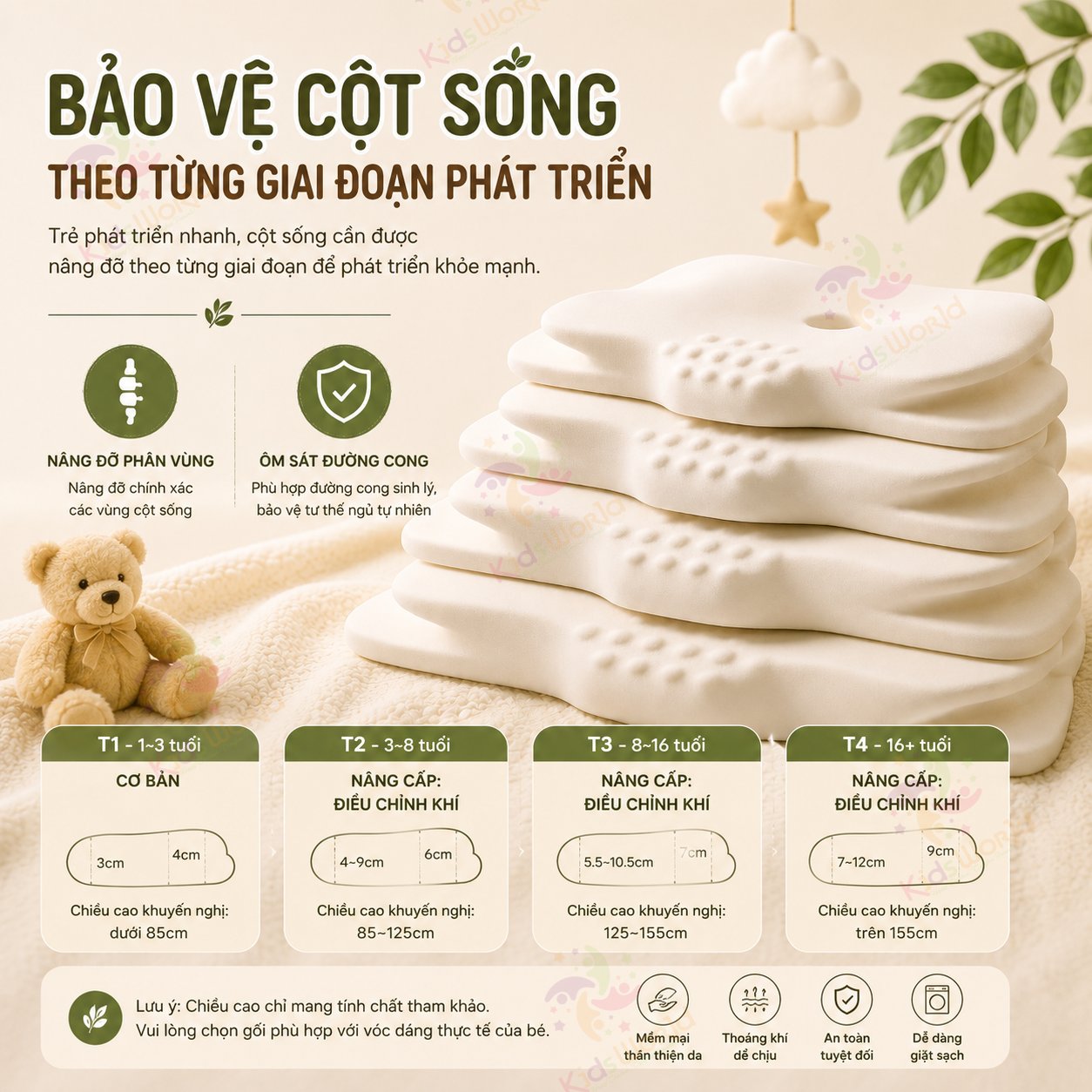 Gối trẻ em thông minh Baby Watch điều chỉnh bằng khí nén theo sự phát triển của bé, gối nâng đỡ cổ vai gáy cho bé, vỏ thoáng khí dễ giặt