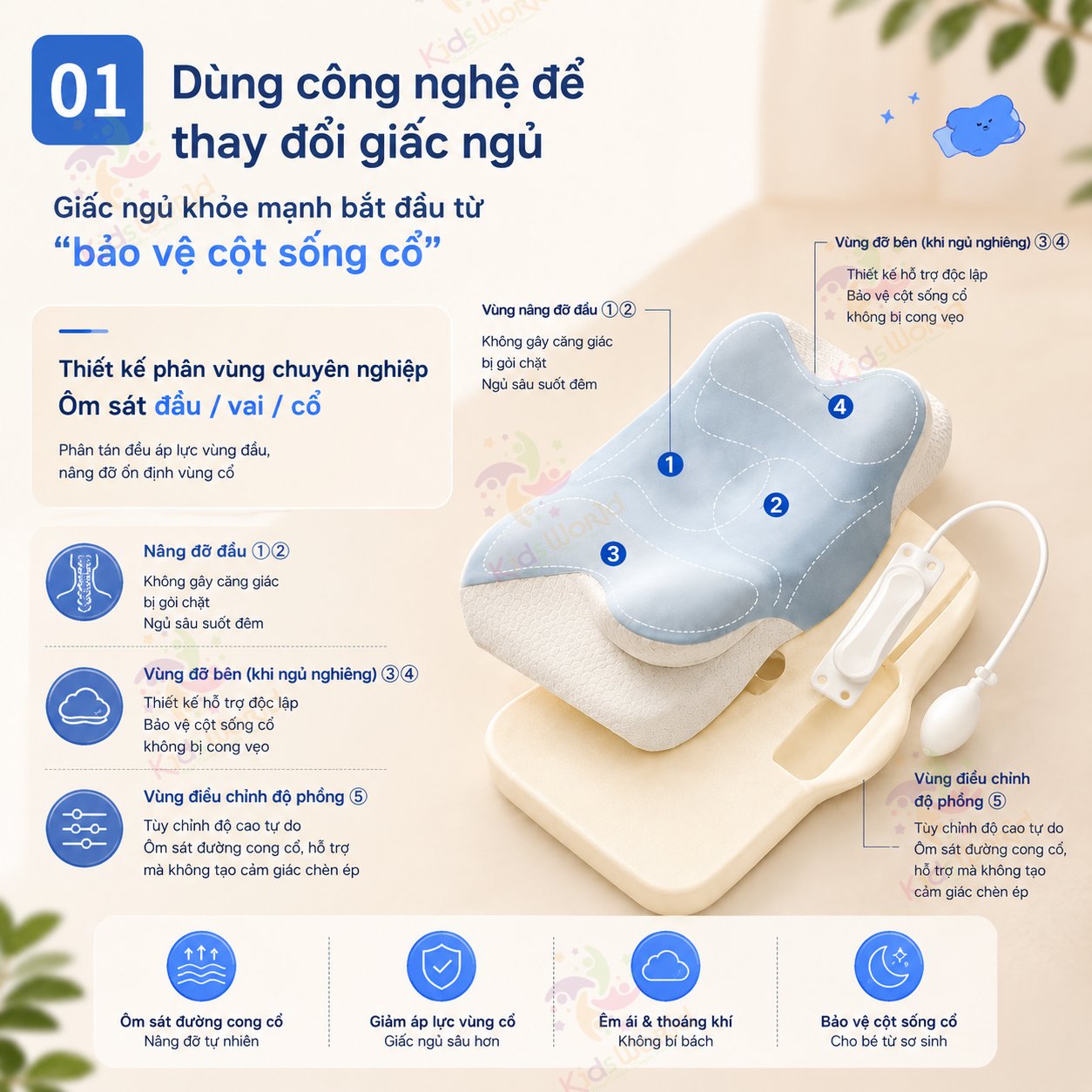 Gối trẻ em thông minh Baby Watch điều chỉnh bằng khí nén theo sự phát triển của bé, gối nâng đỡ cổ vai gáy cho bé, vỏ thoáng khí dễ giặt