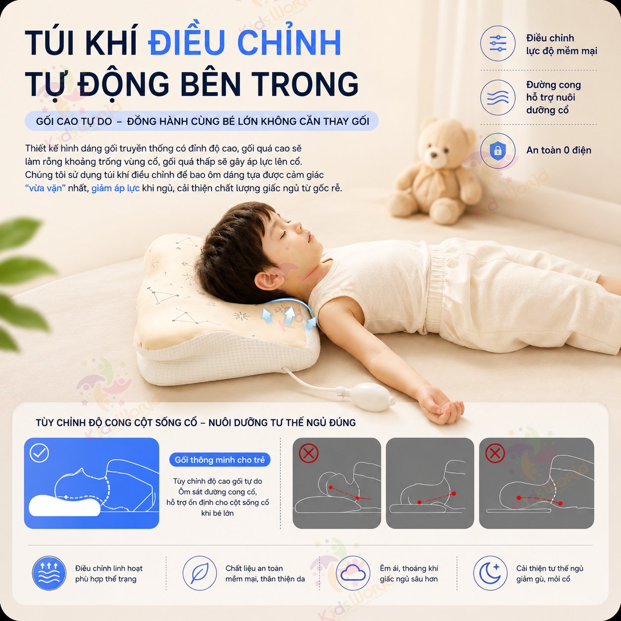 Gối trẻ em thông minh Baby Watch điều chỉnh bằng khí nén theo sự phát triển của bé, gối nâng đỡ cổ vai gáy cho bé, vỏ thoáng khí dễ giặt