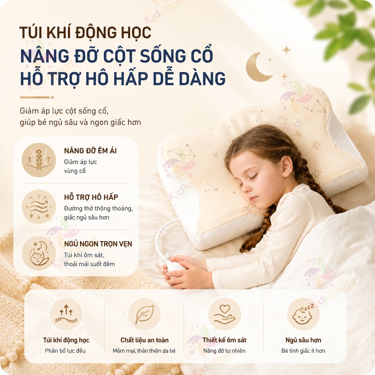 Gối trẻ em thông minh Baby Watch điều chỉnh bằng khí nén theo sự phát triển của bé, gối nâng đỡ cổ vai gáy cho bé, vỏ thoáng khí dễ giặt