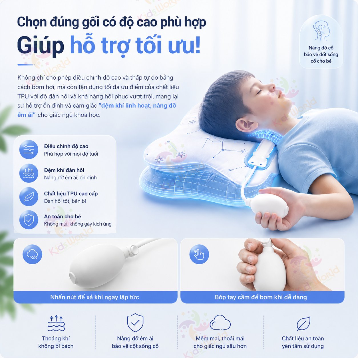 Gối trẻ em thông minh Baby Watch điều chỉnh bằng khí nén theo sự phát triển của bé, gối nâng đỡ cổ vai gáy cho bé, vỏ thoáng khí dễ giặt