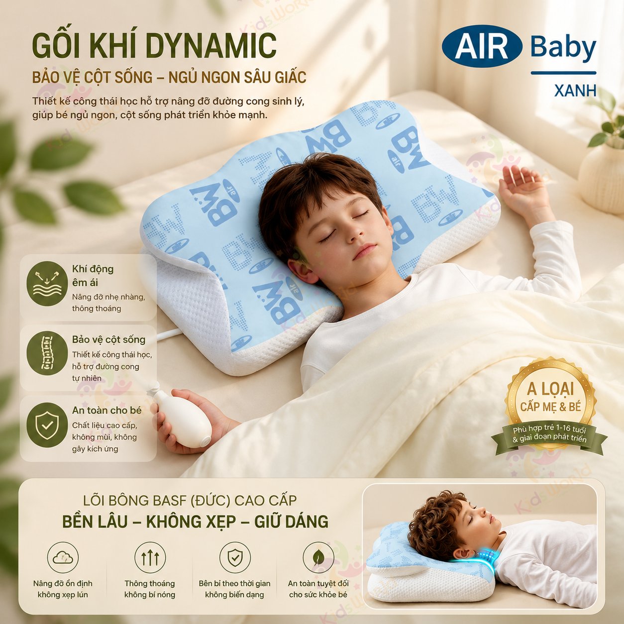 Gối trẻ em thông minh Baby Watch điều chỉnh bằng khí nén theo sự phát triển của bé, gối nâng đỡ cổ vai gáy cho bé, vỏ thoáng khí dễ giặt