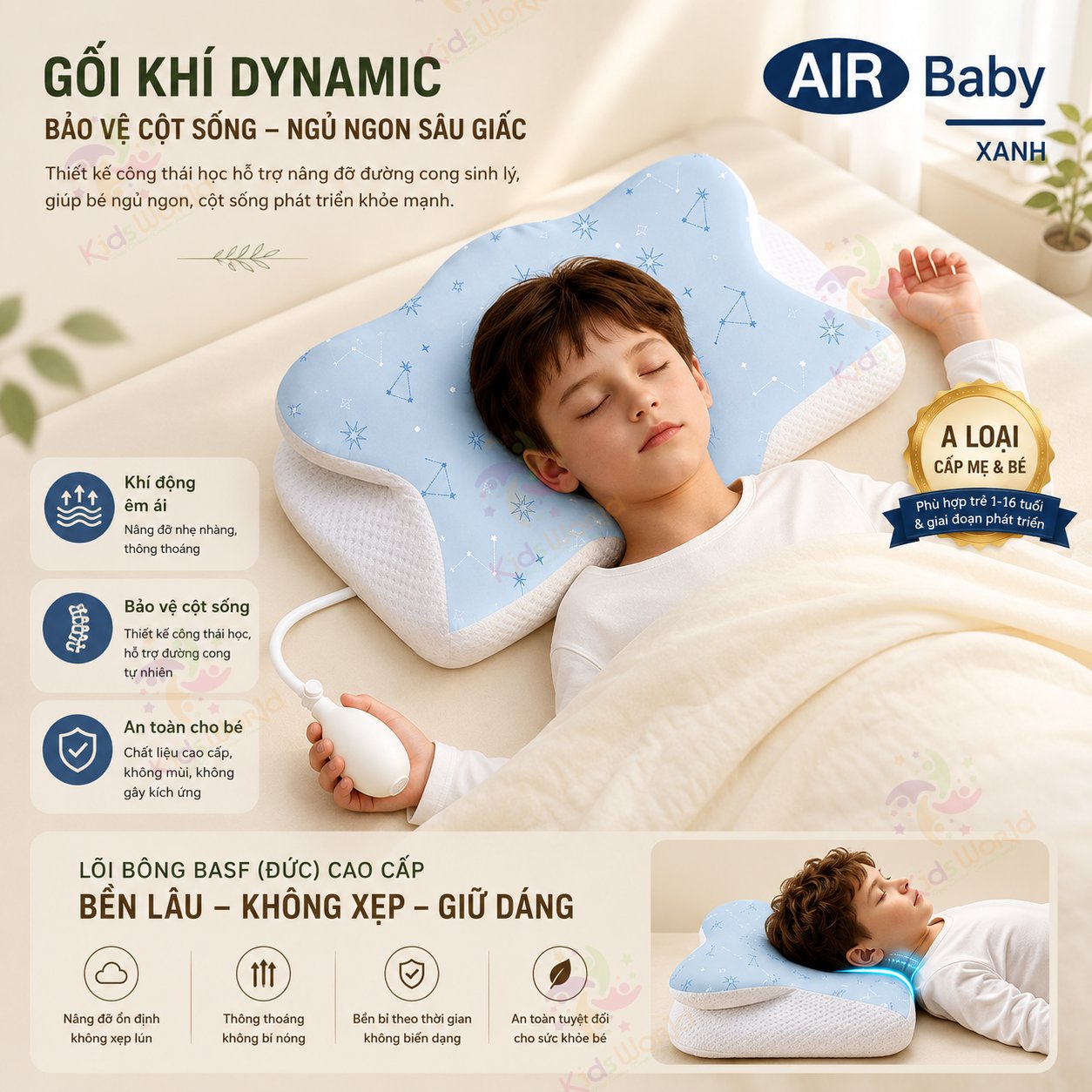Gối trẻ em thông minh Baby Watch điều chỉnh bằng khí nén theo sự phát triển của bé, gối nâng đỡ cổ vai gáy cho bé, vỏ thoáng khí dễ giặt