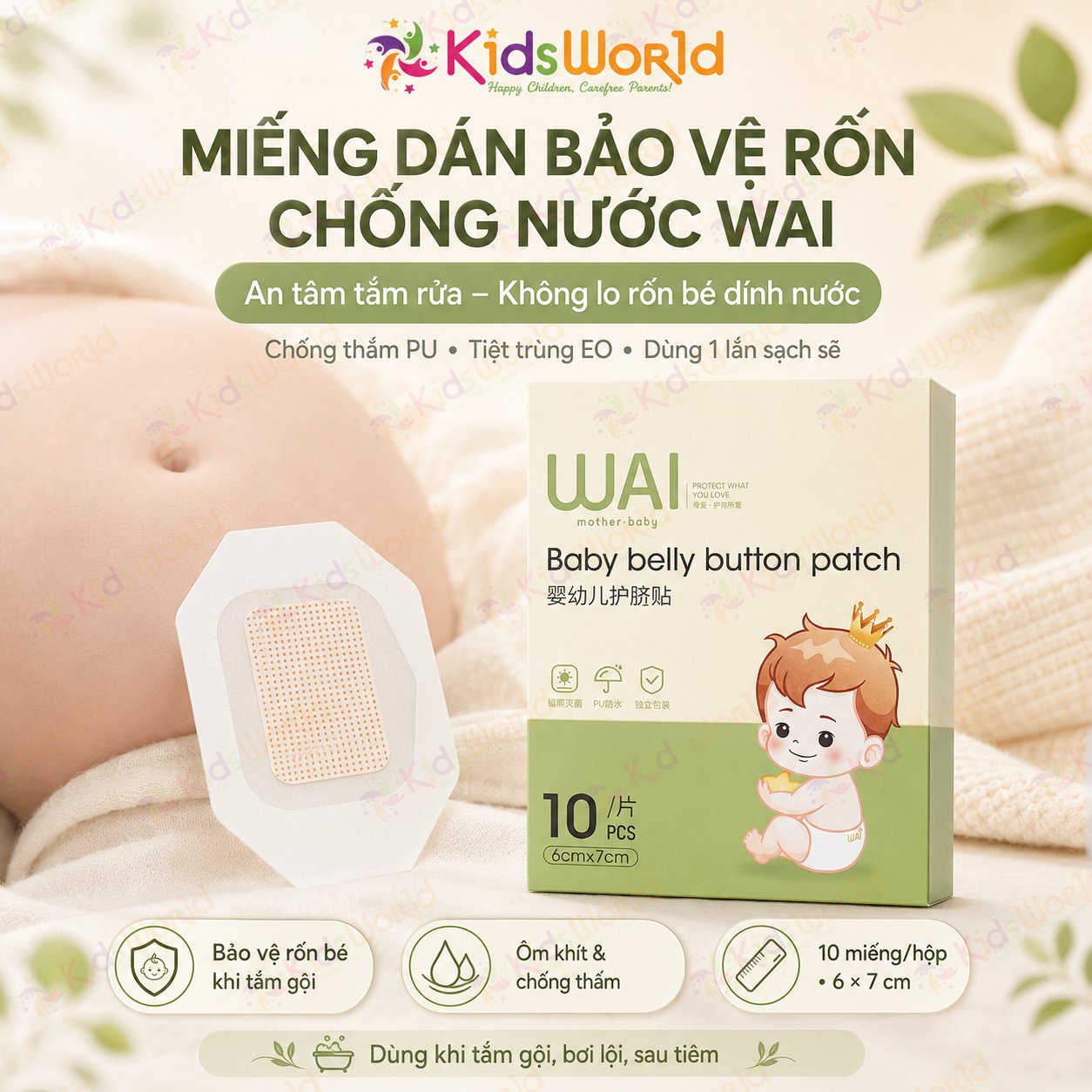 Hộp 10 miếng dán bảo vệ rốn chống nước WAI Baby belly button patch cho bé sơ sinh, tiệt trùng EO, chống thấm PU, dùng khi tắm gội, bơi lội, sau tiêm và che phủ vùng da cần bảo vệ