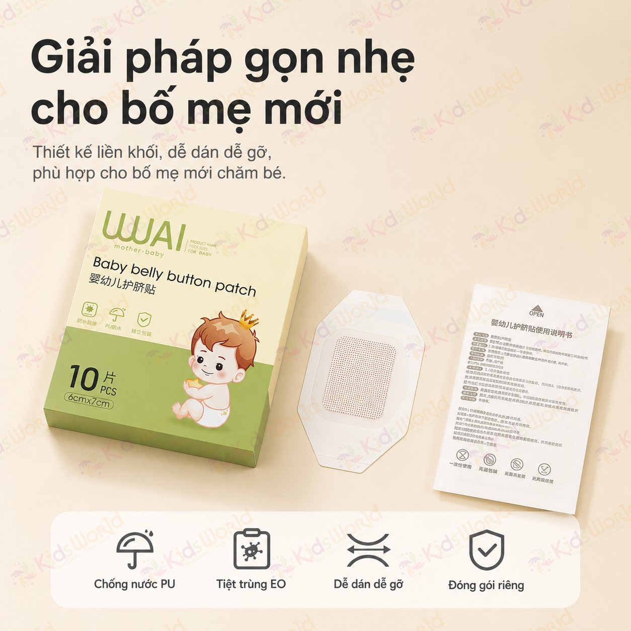 Hộp 10 miếng dán bảo vệ rốn chống nước WAI Baby belly button patch cho bé sơ sinh, tiệt trùng EO, chống thấm PU, dùng khi tắm gội, bơi lội, sau tiêm và che phủ vùng da cần bảo vệ