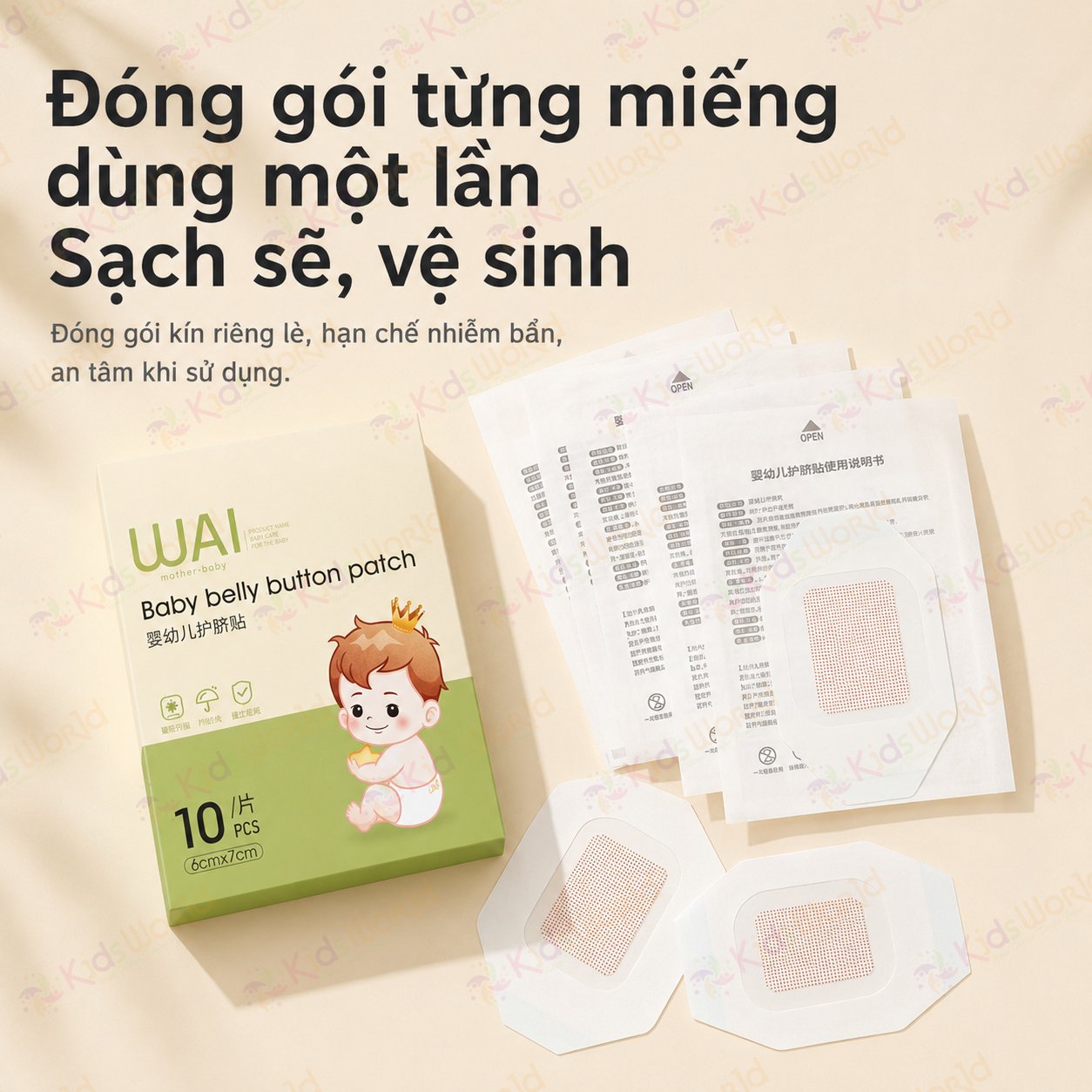 Hộp 10 miếng dán bảo vệ rốn chống nước WAI Baby belly button patch cho bé sơ sinh, tiệt trùng EO, chống thấm PU, dùng khi tắm gội, bơi lội, sau tiêm và che phủ vùng da cần bảo vệ