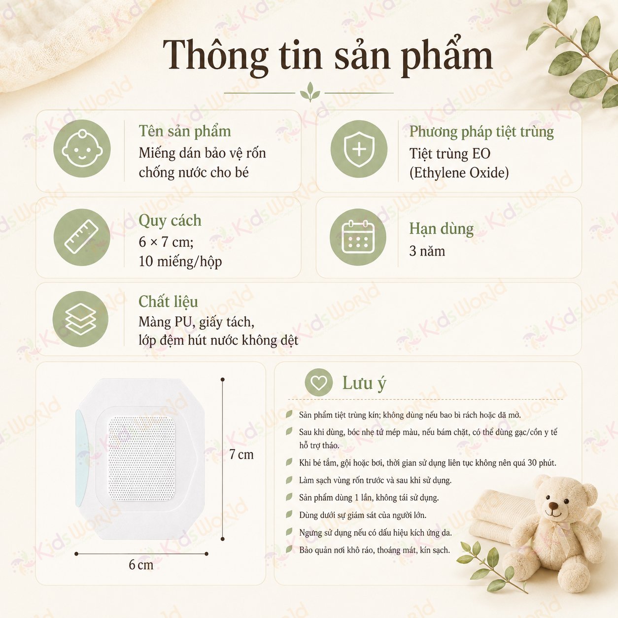 Hộp 10 miếng dán bảo vệ rốn chống nước WAI Baby belly button patch cho bé sơ sinh, tiệt trùng EO, chống thấm PU, dùng khi tắm gội, bơi lội, sau tiêm và che phủ vùng da cần bảo vệ