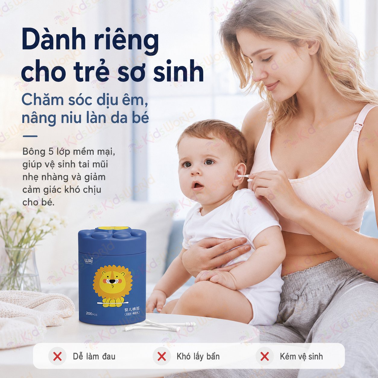 Hộp 200 tăm bông 2 đầu cho bé sơ sinh WAI bông cotton tự nhiên 5 lớp, trục giấy nguyên sinh, đầu bông nhỏ 3mm, vệ sinh tai mũi rốn cho bé