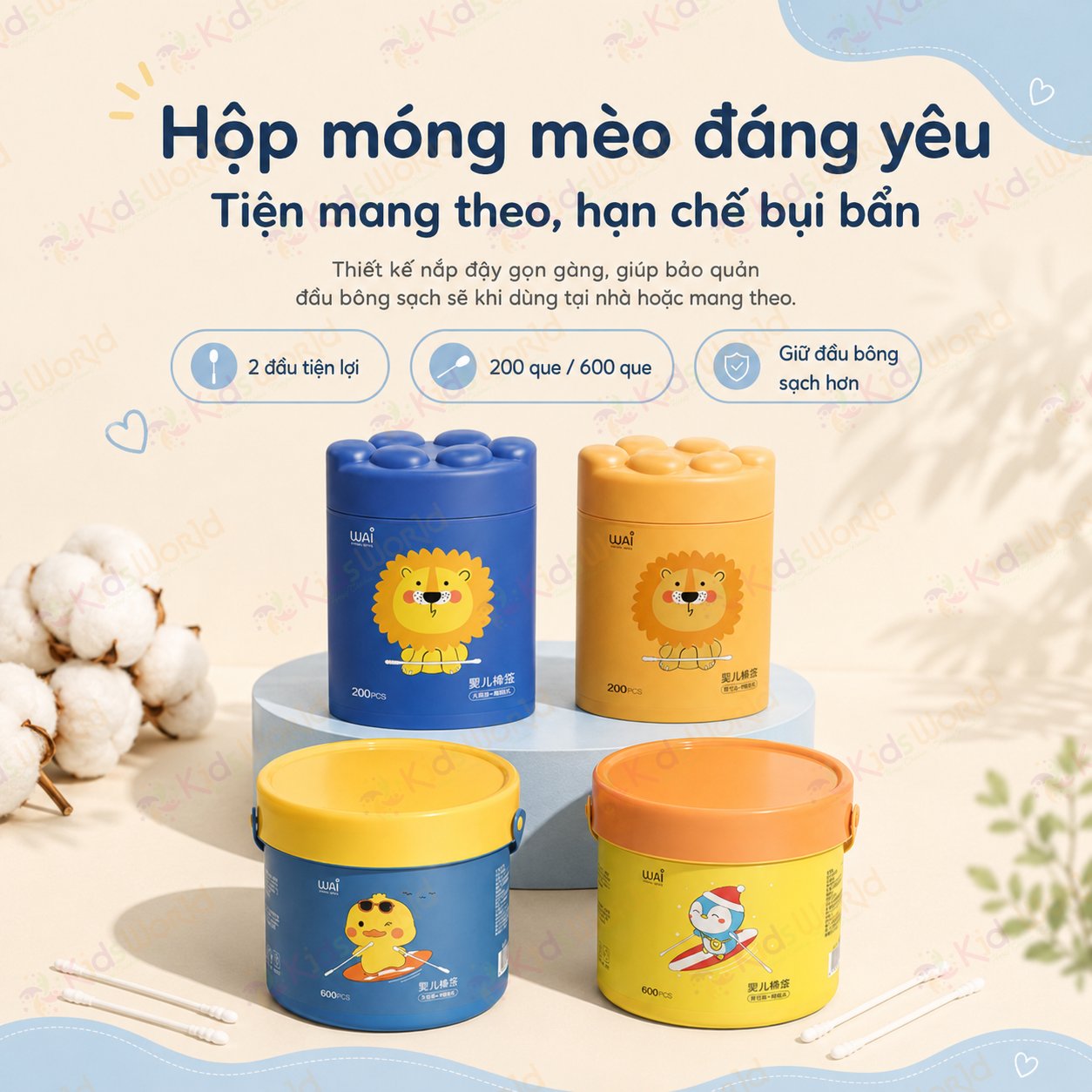 Hộp 200 tăm bông 2 đầu cho bé sơ sinh WAI bông cotton tự nhiên 5 lớp, trục giấy nguyên sinh, đầu bông nhỏ 3mm, vệ sinh tai mũi rốn cho bé