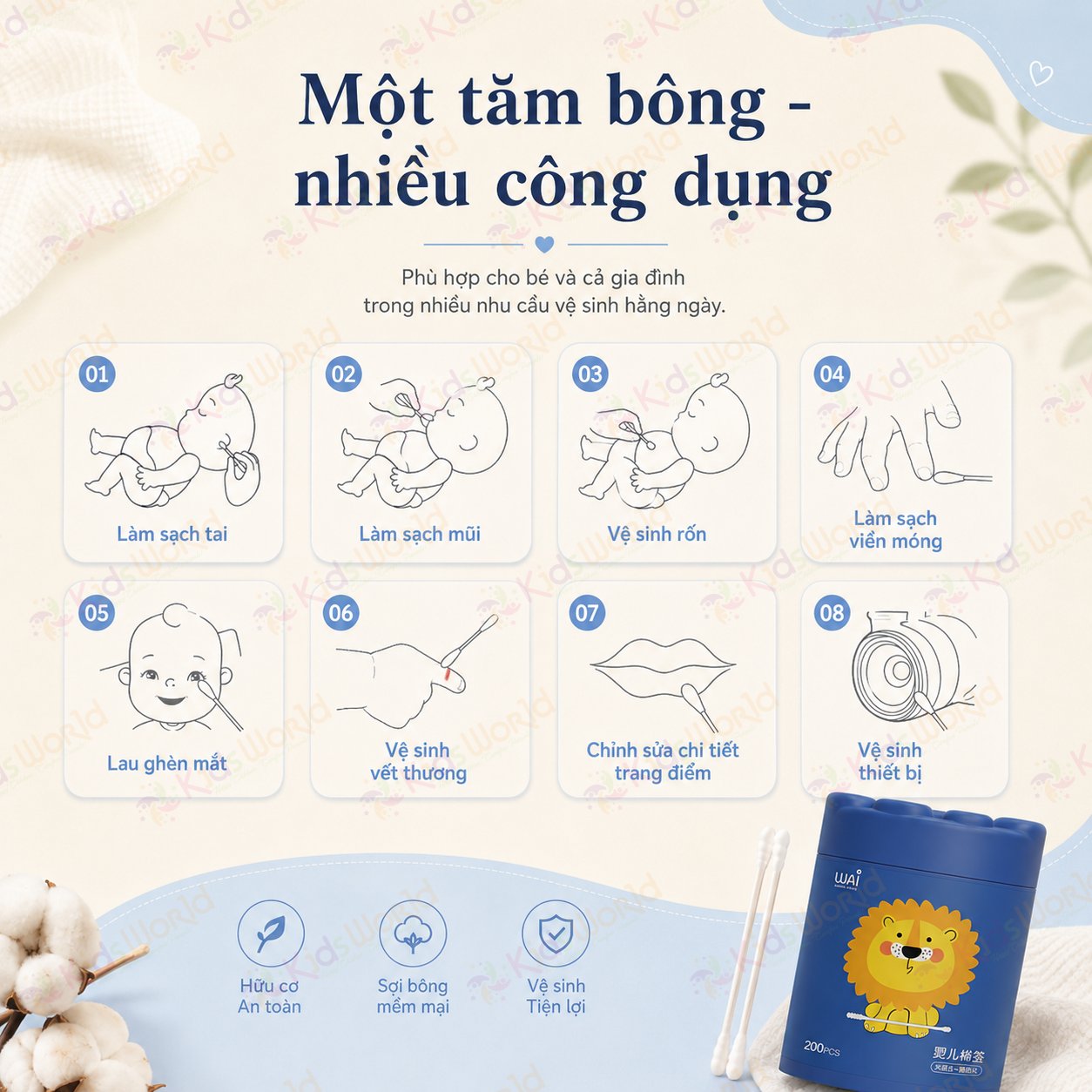 Hộp 200 tăm bông 2 đầu cho bé sơ sinh WAI bông cotton tự nhiên 5 lớp, trục giấy nguyên sinh, đầu bông nhỏ 3mm, vệ sinh tai mũi rốn cho bé