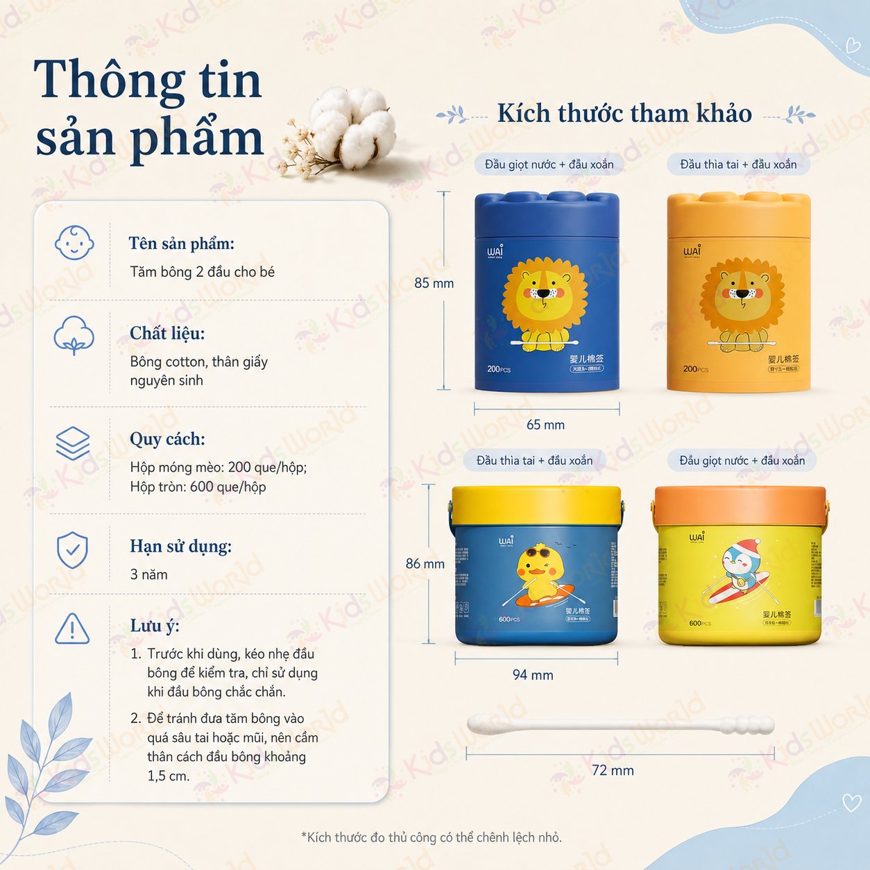 Hộp 200 tăm bông 2 đầu cho bé sơ sinh WAI bông cotton tự nhiên 5 lớp, trục giấy nguyên sinh, đầu bông nhỏ 3mm, vệ sinh tai mũi rốn cho bé