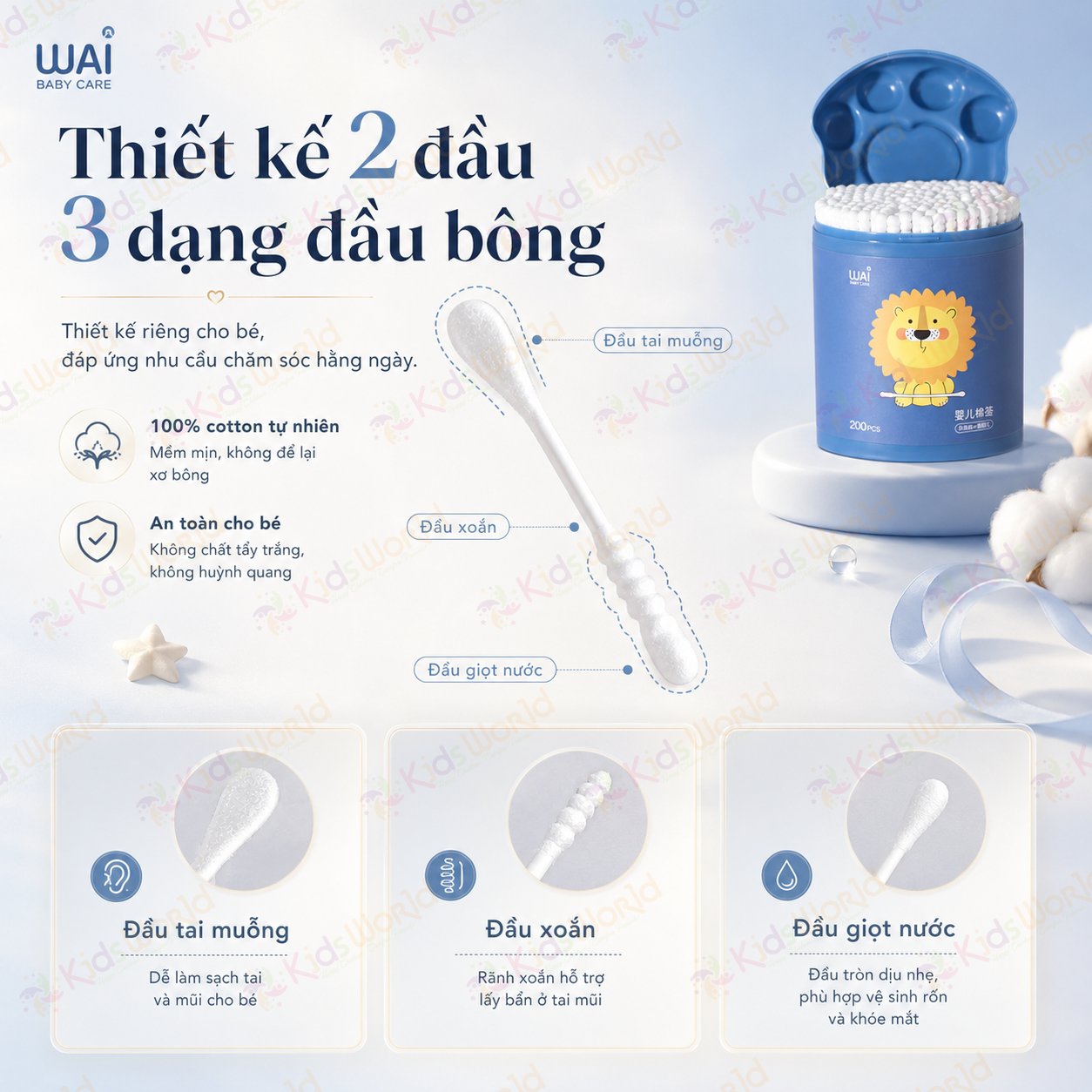 Hộp 200 tăm bông 2 đầu cho bé sơ sinh WAI bông cotton tự nhiên 5 lớp, trục giấy nguyên sinh, đầu bông nhỏ 3mm, vệ sinh tai mũi rốn cho bé