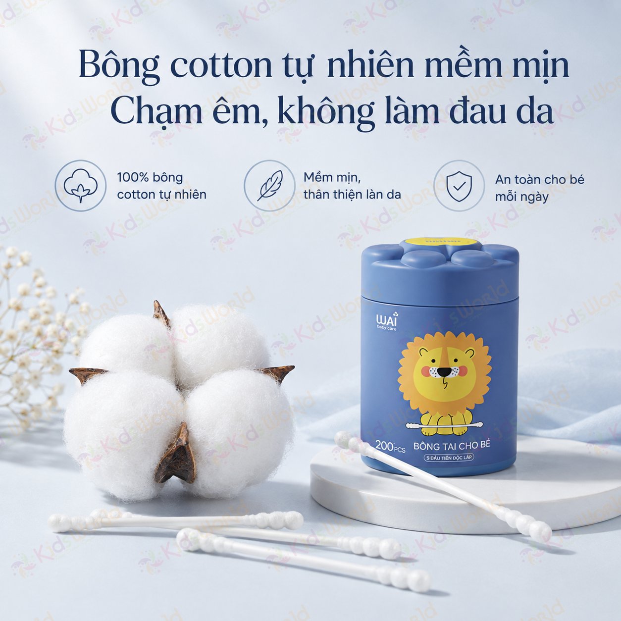 Hộp 200 tăm bông 2 đầu cho bé sơ sinh WAI bông cotton tự nhiên 5 lớp, trục giấy nguyên sinh, đầu bông nhỏ 3mm, vệ sinh tai mũi rốn cho bé