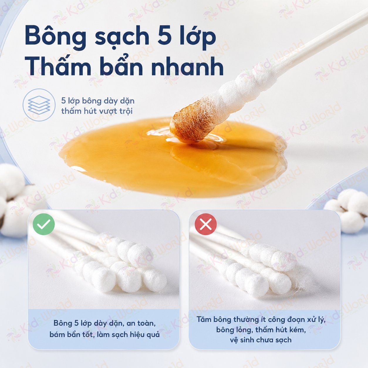 Hộp 200 tăm bông 2 đầu cho bé sơ sinh WAI bông cotton tự nhiên 5 lớp, trục giấy nguyên sinh, đầu bông nhỏ 3mm, vệ sinh tai mũi rốn cho bé