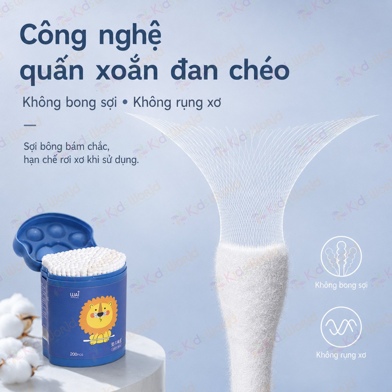 Hộp 200 tăm bông 2 đầu cho bé sơ sinh WAI bông cotton tự nhiên 5 lớp, trục giấy nguyên sinh, đầu bông nhỏ 3mm, vệ sinh tai mũi rốn cho bé