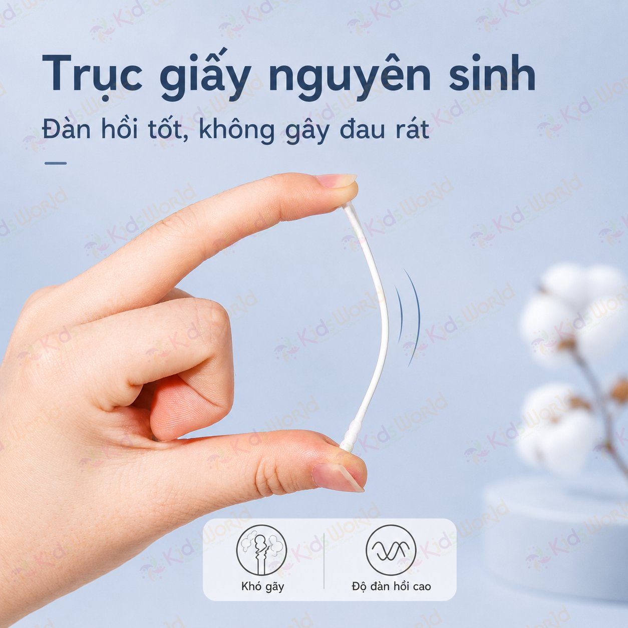 Hộp 200 tăm bông 2 đầu cho bé sơ sinh WAI bông cotton tự nhiên 5 lớp, trục giấy nguyên sinh, đầu bông nhỏ 3mm, vệ sinh tai mũi rốn cho bé