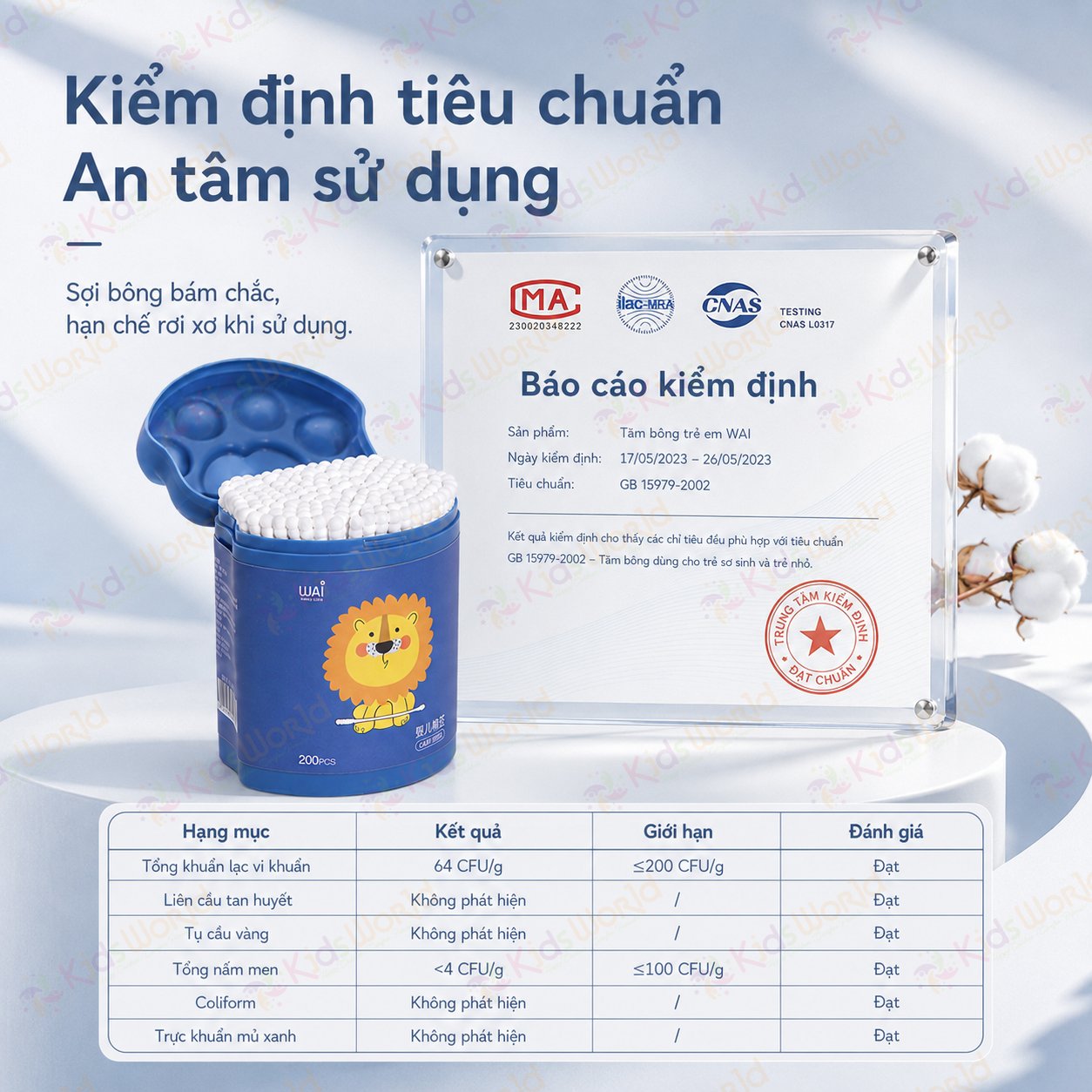 Hộp 200 tăm bông 2 đầu cho bé sơ sinh WAI bông cotton tự nhiên 5 lớp, trục giấy nguyên sinh, đầu bông nhỏ 3mm, vệ sinh tai mũi rốn cho bé