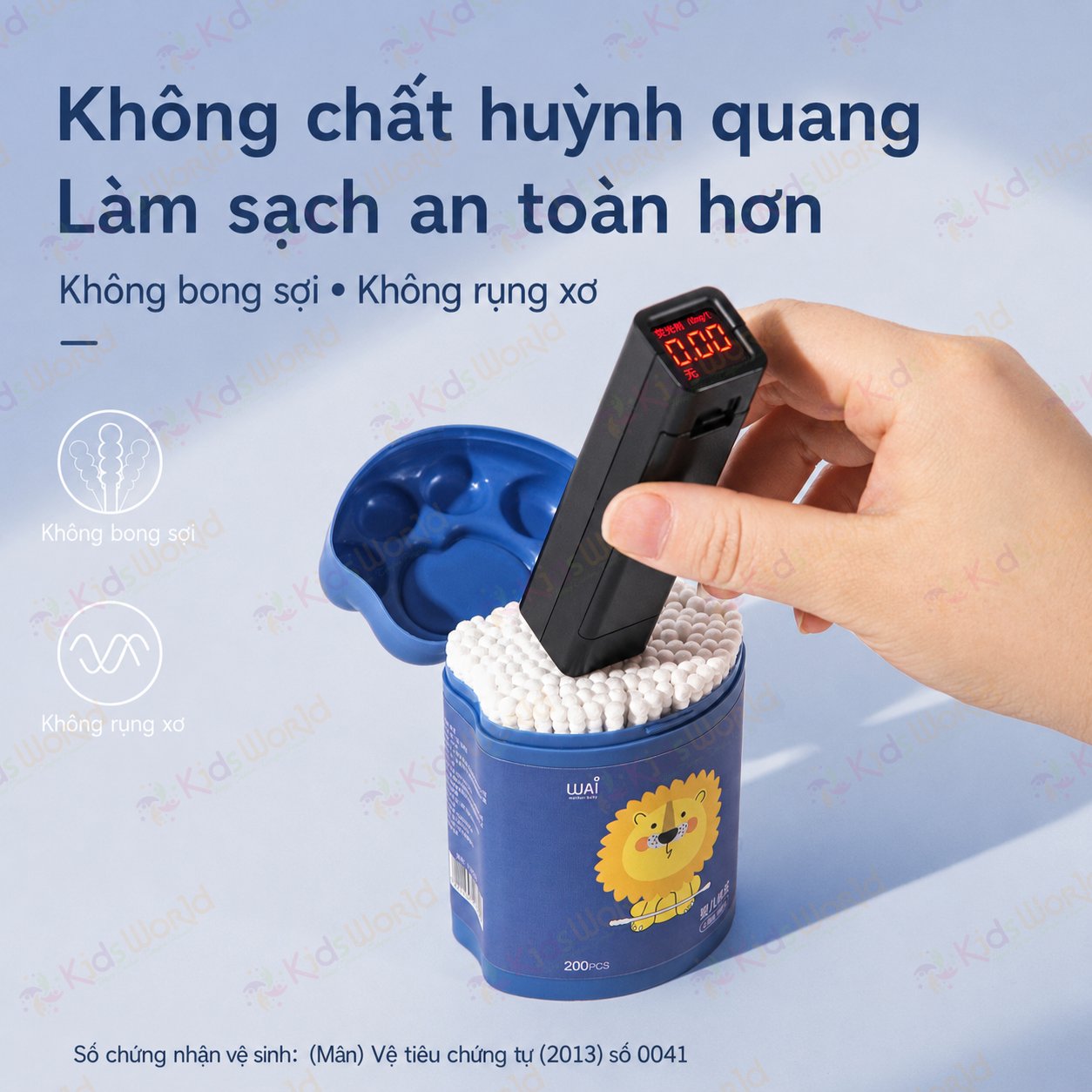 Hộp 200 tăm bông 2 đầu cho bé sơ sinh WAI bông cotton tự nhiên 5 lớp, trục giấy nguyên sinh, đầu bông nhỏ 3mm, vệ sinh tai mũi rốn cho bé